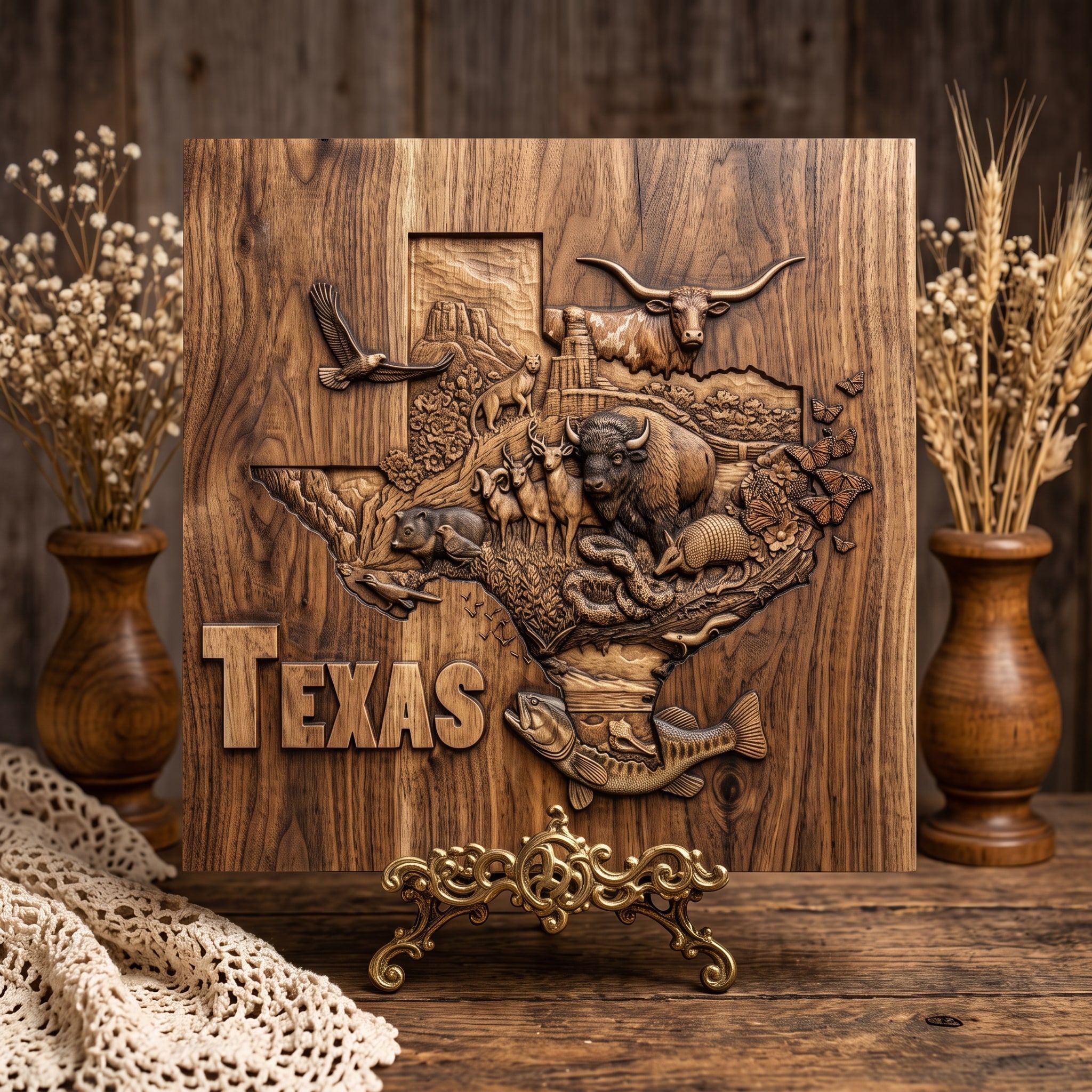 Texas Map Wildlife Relief STL with Longhorn, Bison and Bass bas-relief STL — view 3