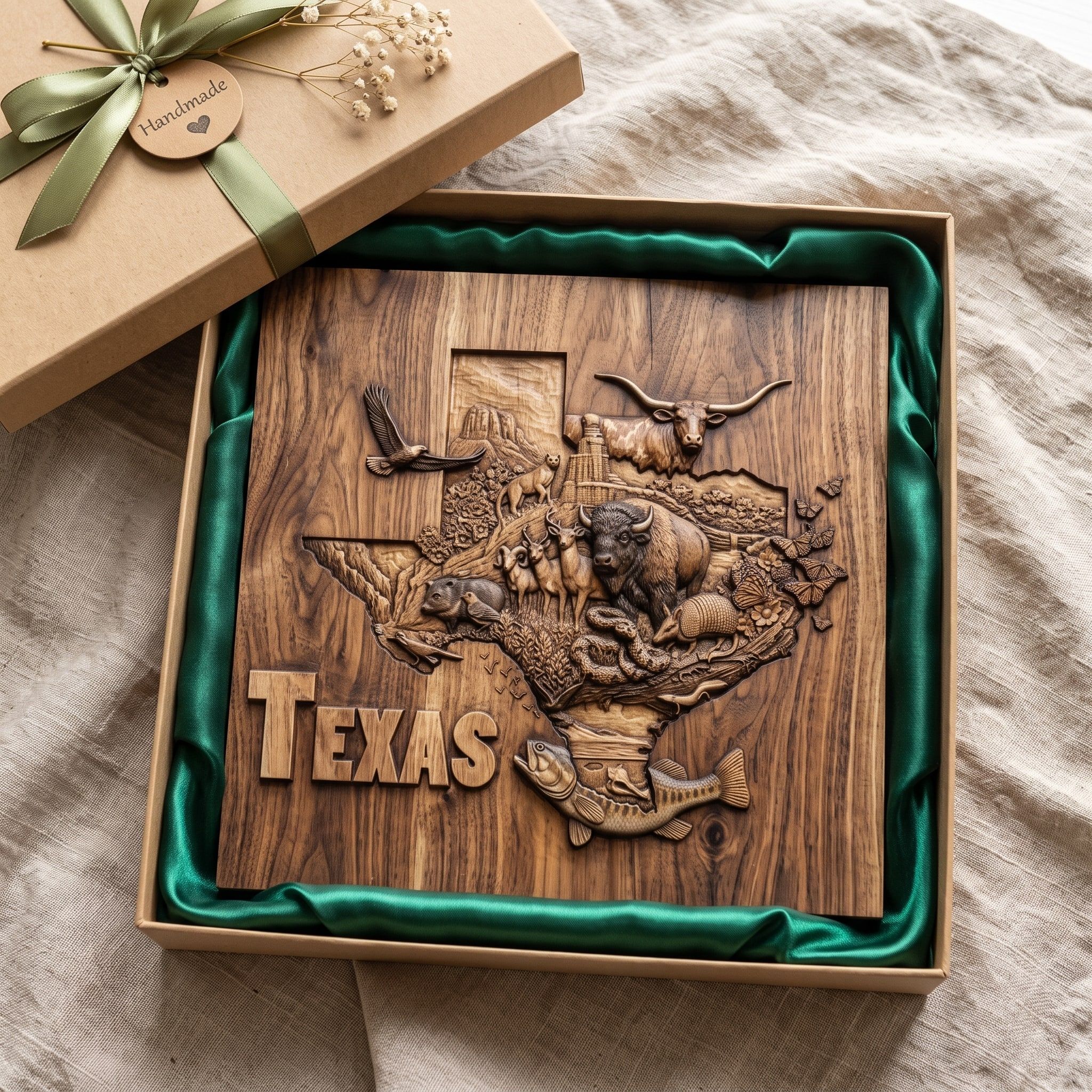 Texas Map Wildlife Relief STL with Longhorn, Bison and Bass bas-relief STL — view 2