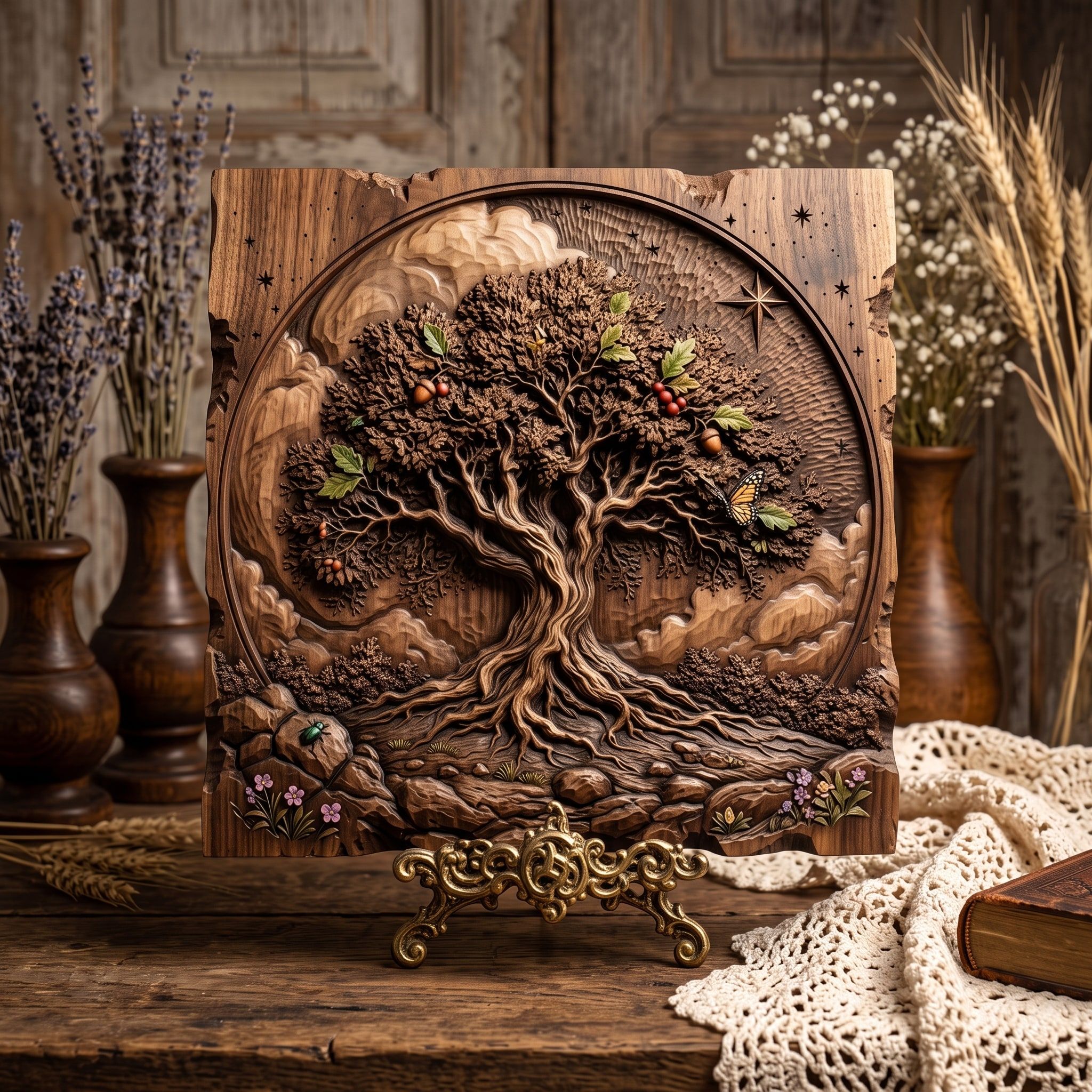 Tree of Life Bas-Relief STL with Roots, Acorns and Butterfly bas-relief STL — view 3