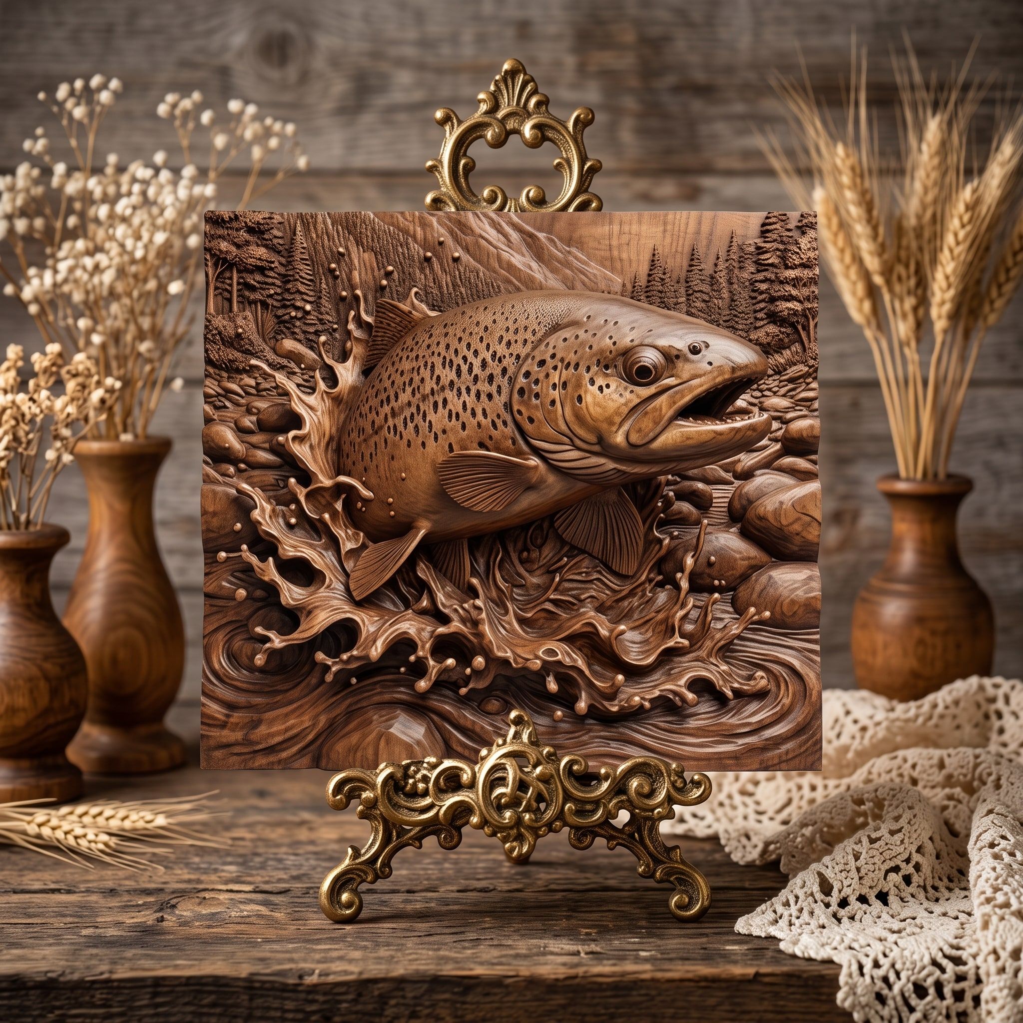 Jumping Brown Trout Splashing Through River Rapids Relief STL bas-relief STL — view 3