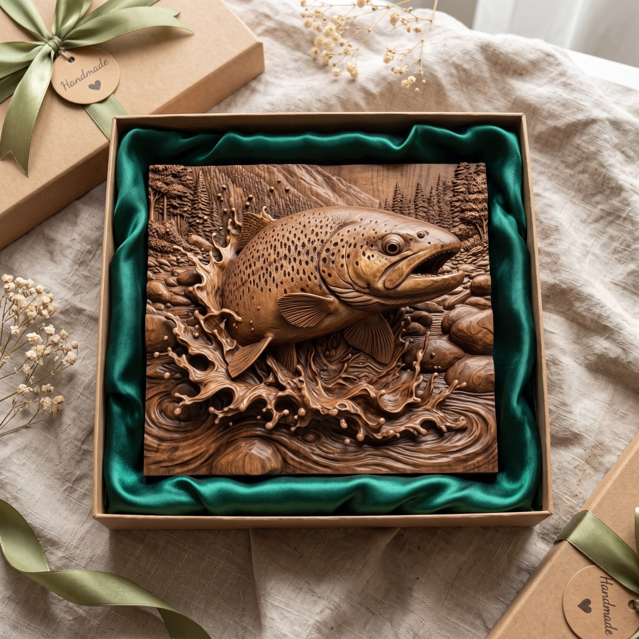 Jumping Brown Trout Splashing Through River Rapids Relief STL bas-relief STL — view 2
