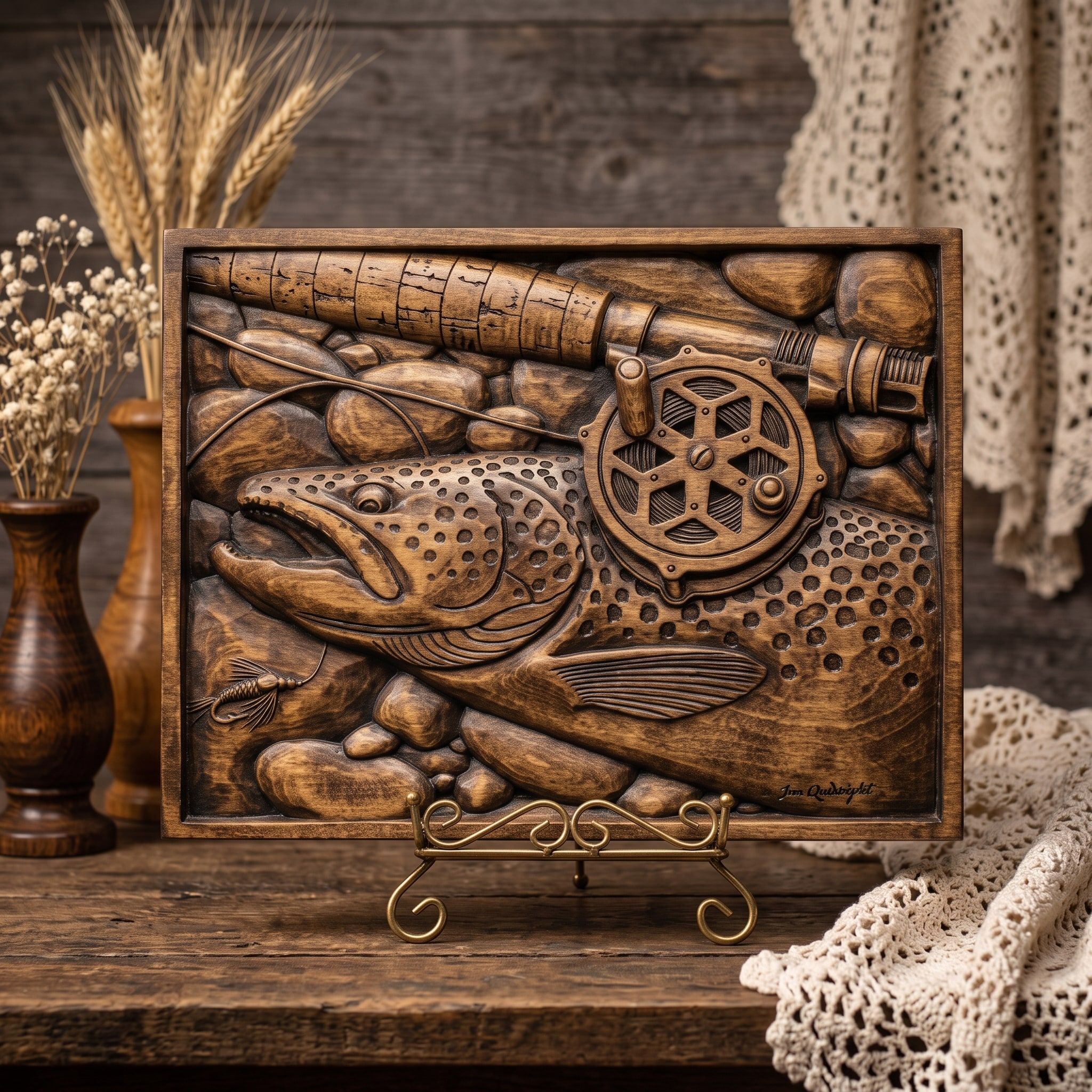 Brown Trout, Fly Reel and Mayfly Riverbed Relief STL bas-relief STL — view 3