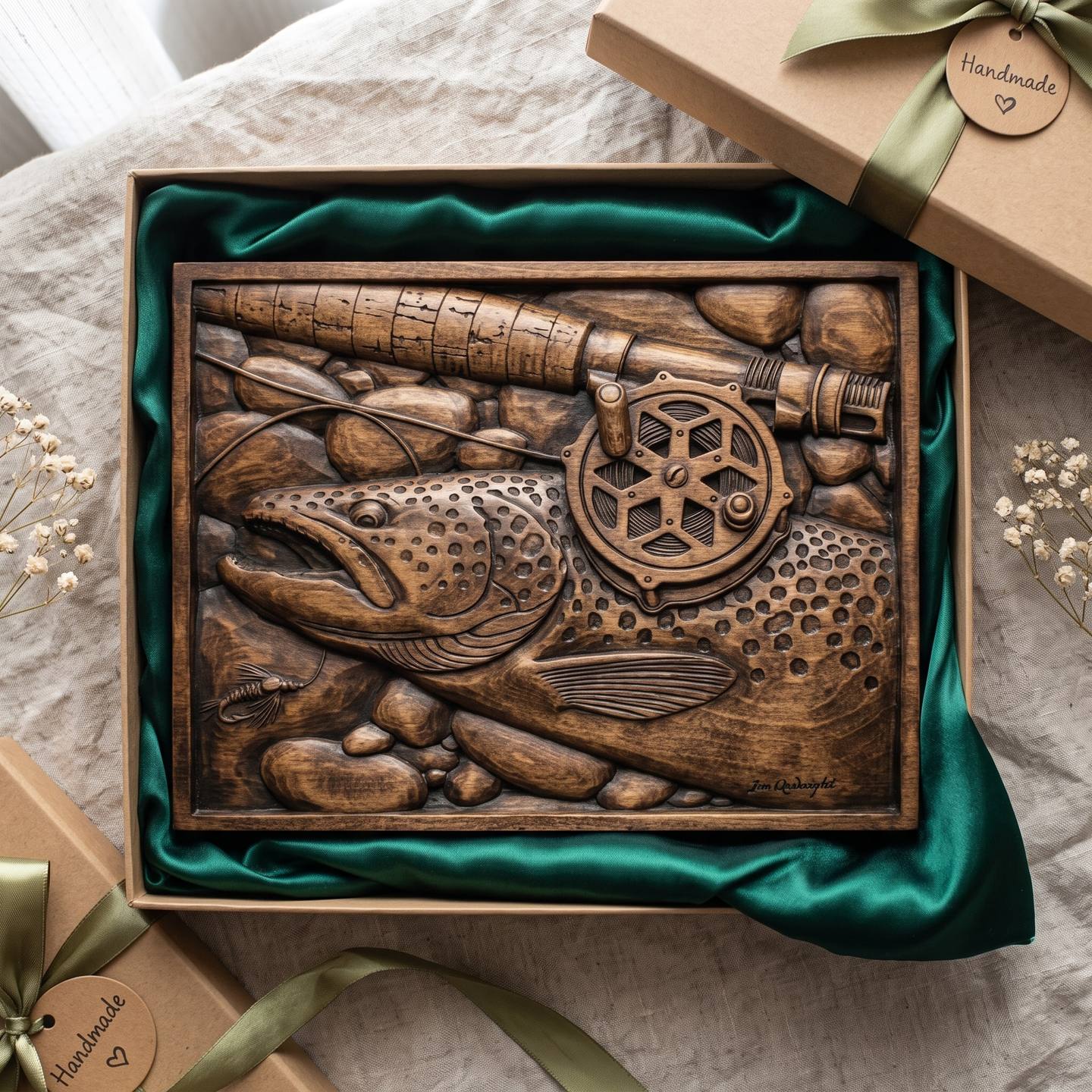 Brown Trout, Fly Reel and Mayfly Riverbed Relief STL carved in wood