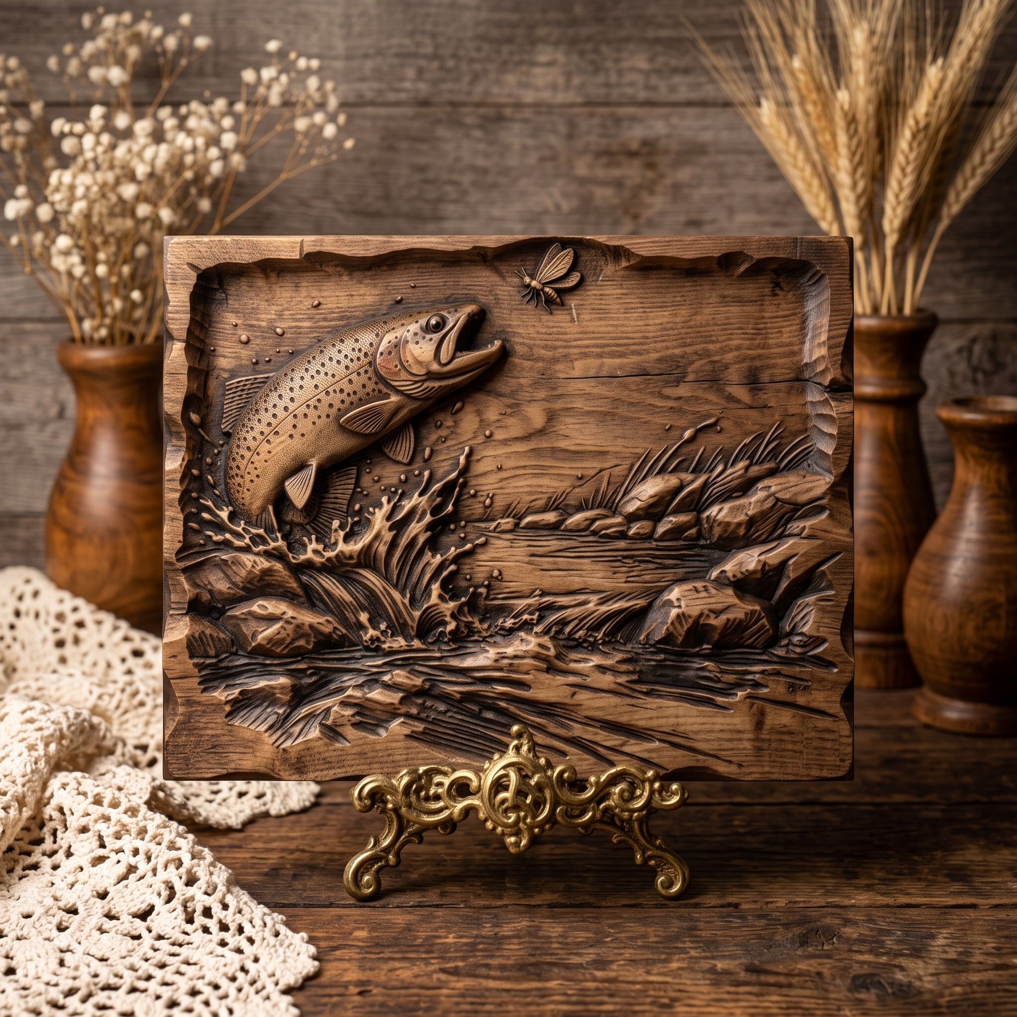 Jumping Trout River Scene Bas-Relief STL for CNC Carving bas-relief STL — view 3