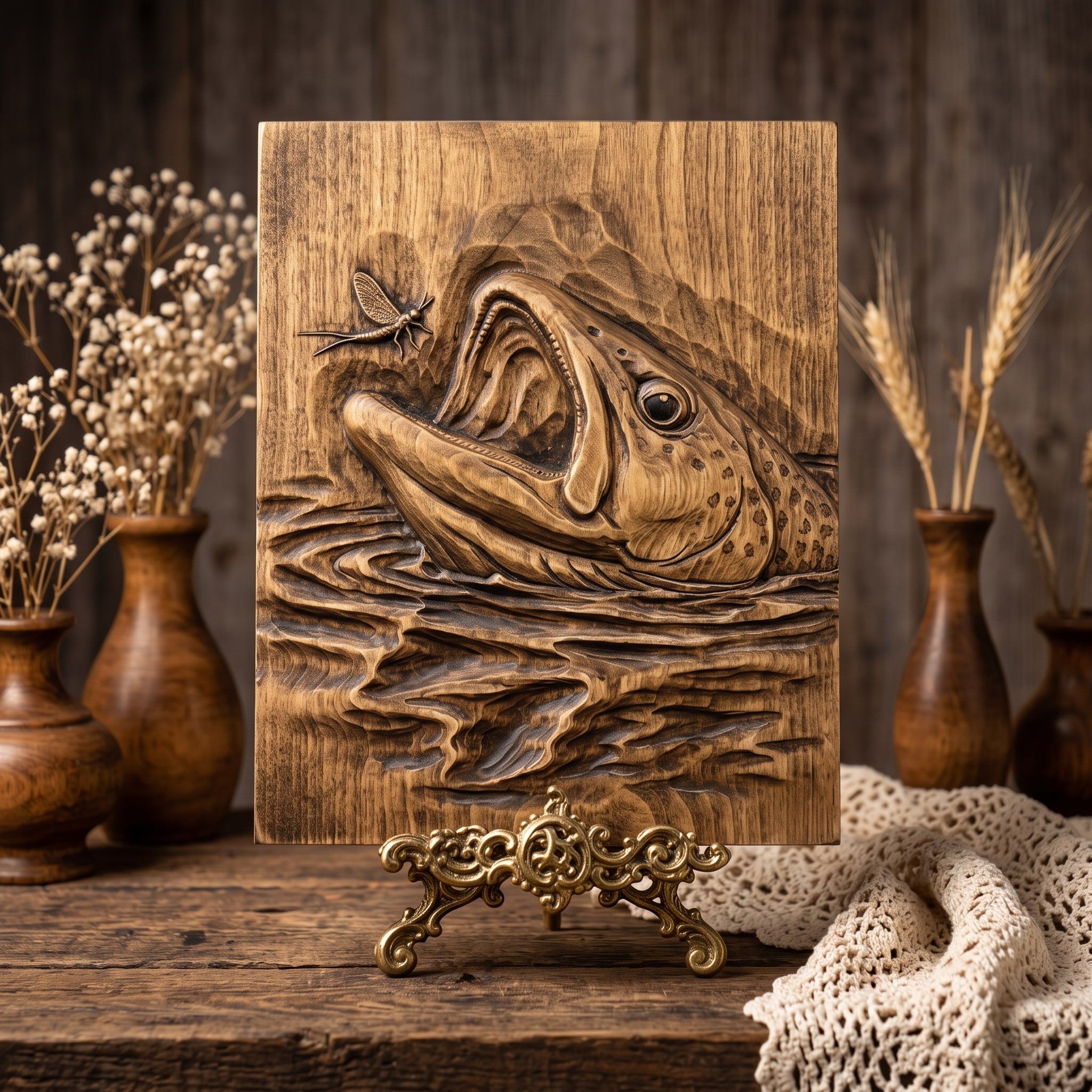 Rising Trout Striking a Mayfly Bas-Relief STL Carving bas-relief STL — view 3