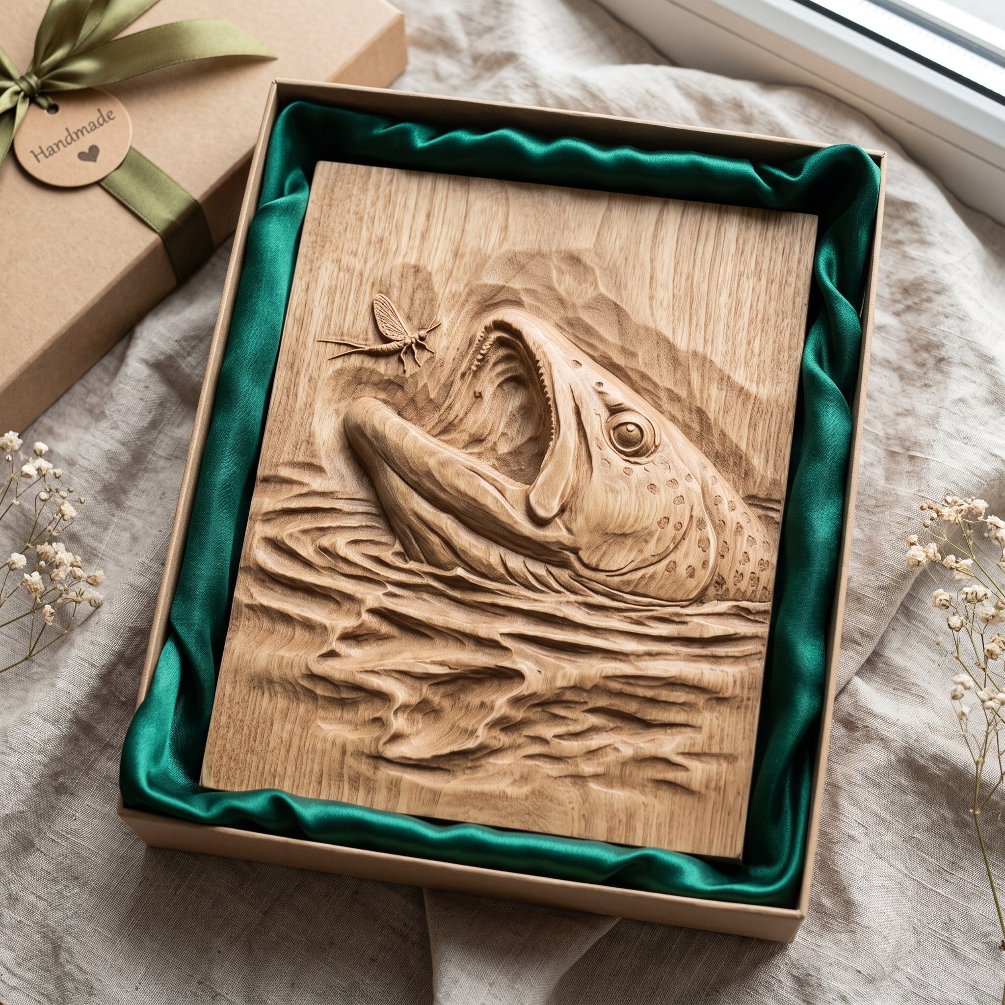 Rising Trout Striking a Mayfly Bas-Relief STL Carving bas-relief STL — view 2