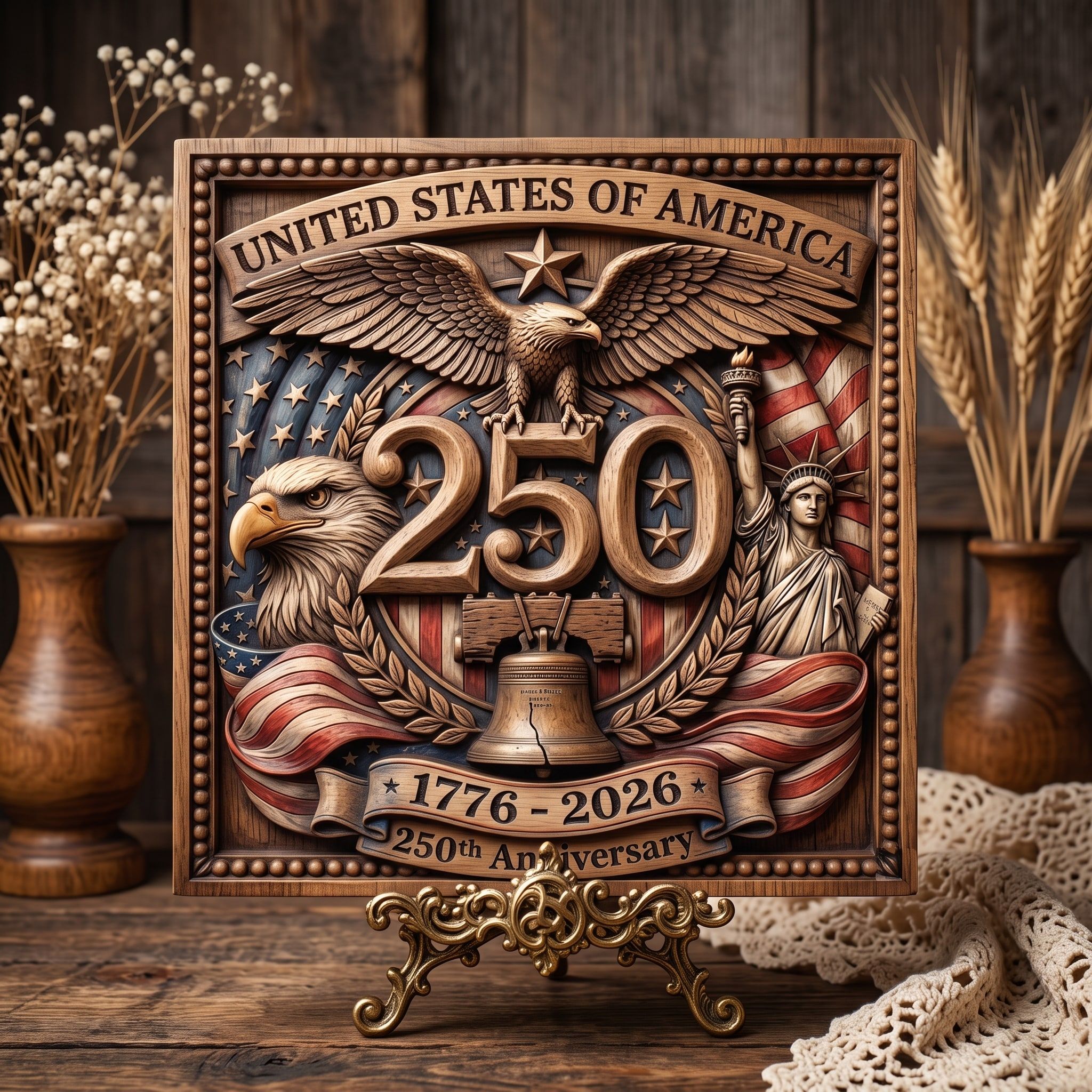 USA 250th Anniversary Eagle & Liberty Bell Relief Plaque bas-relief STL — view 3