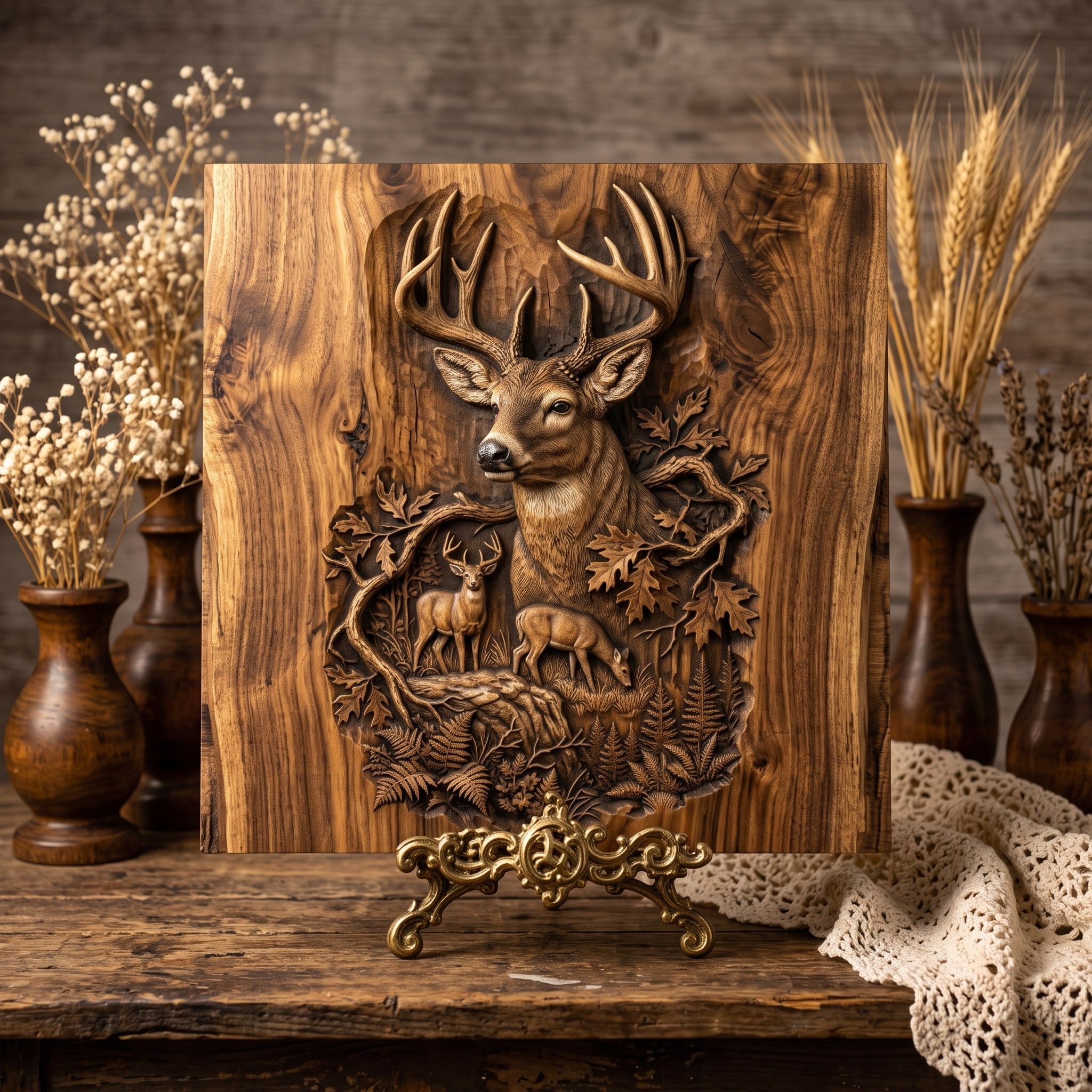 Whitetail Buck and Forest Scene Bas-Relief STL Carving bas-relief STL — view 3