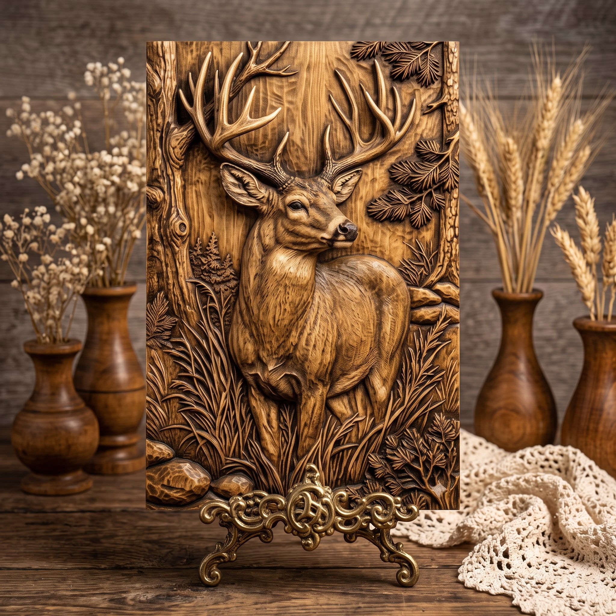Whitetail Buck in the Pines 3D Relief STL for CNC Carving bas-relief STL — view 3