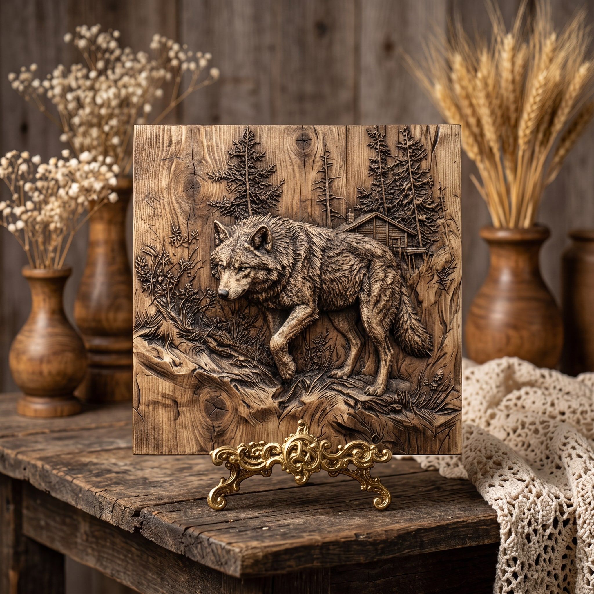 Lone Wolf Prowling a Pine Forest Cabin Bas-Relief STL bas-relief STL — view 3