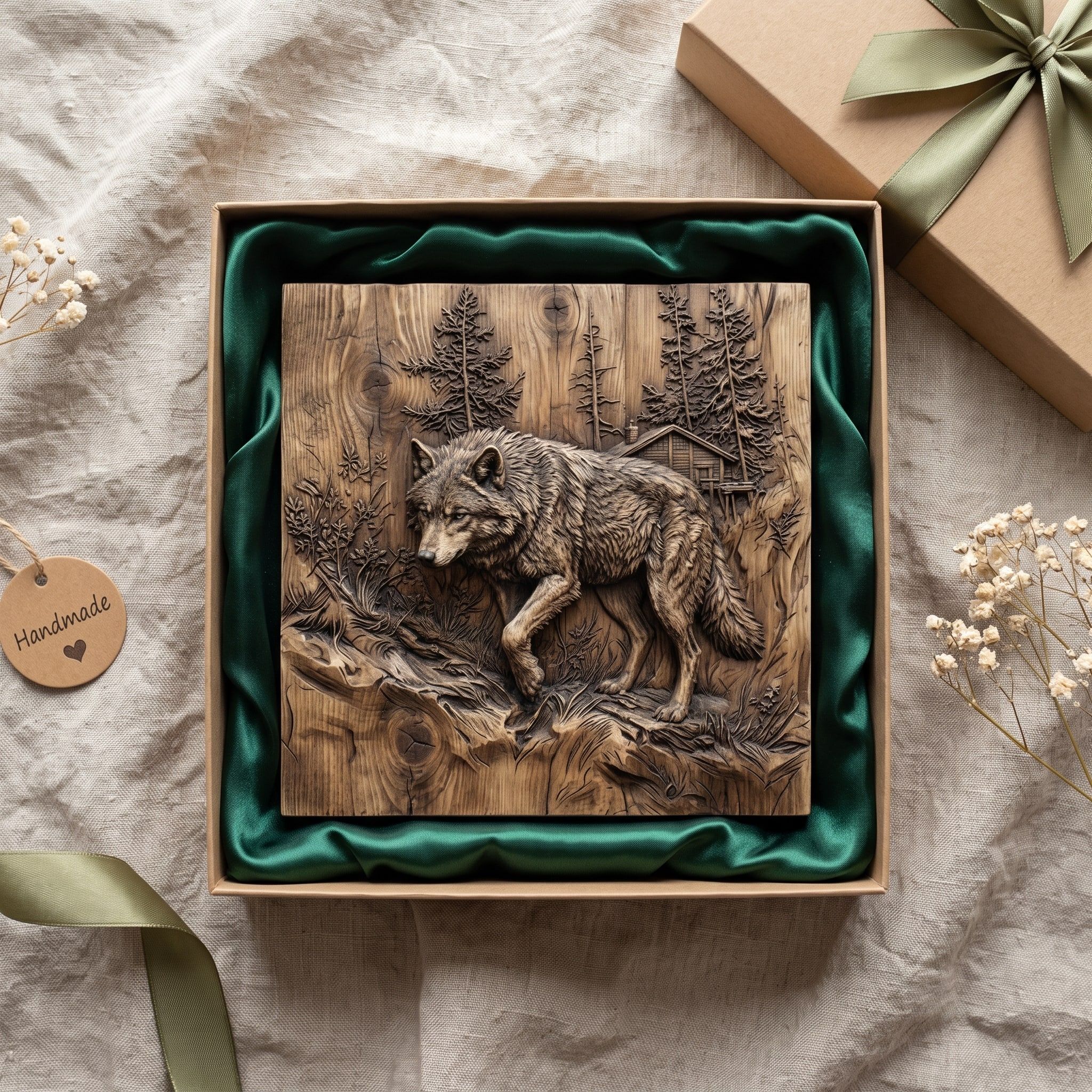Lone Wolf Prowling a Pine Forest Cabin Bas-Relief STL bas-relief STL — view 2
