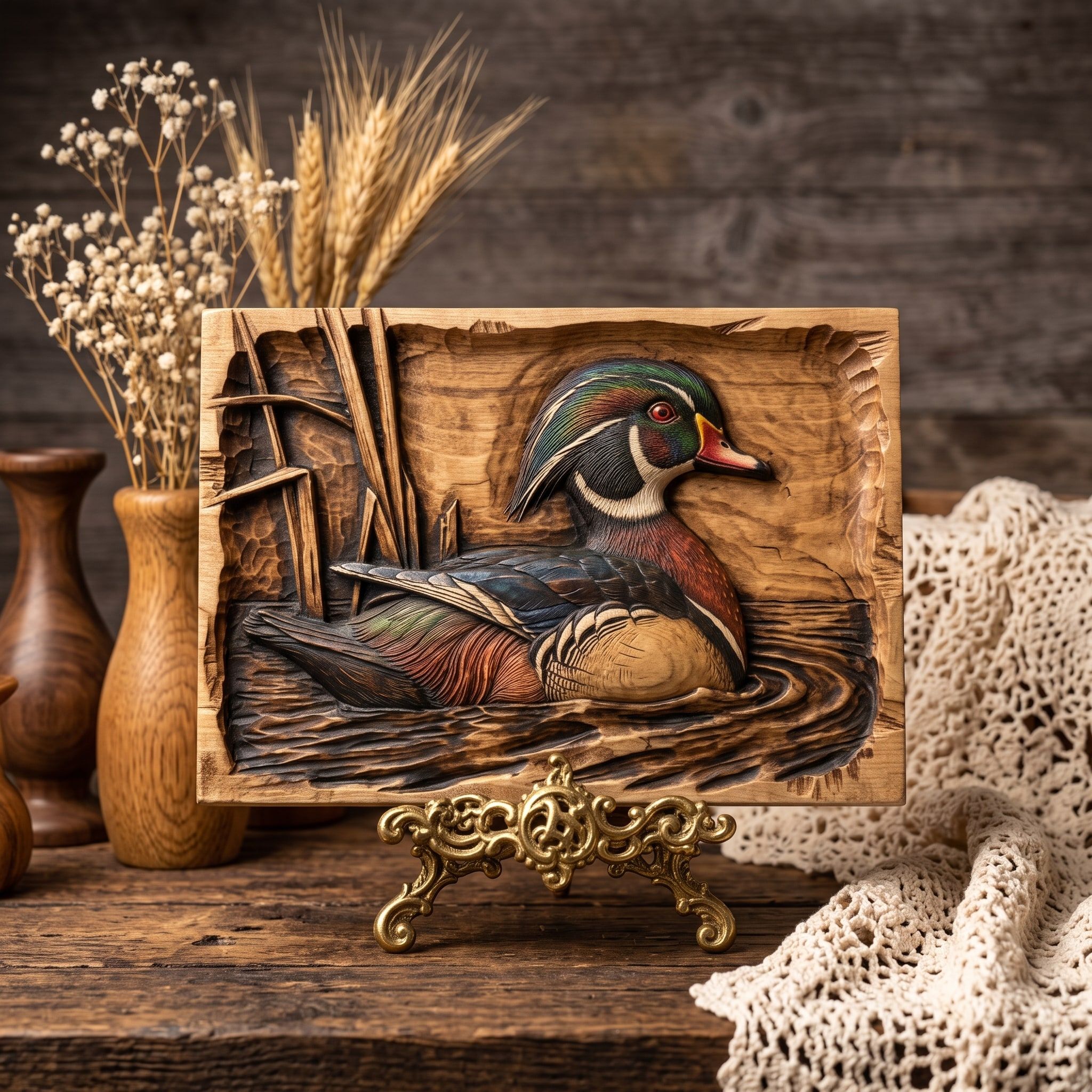 Wood Duck on Still Water Bas-Relief STL Carving bas-relief STL — view 3