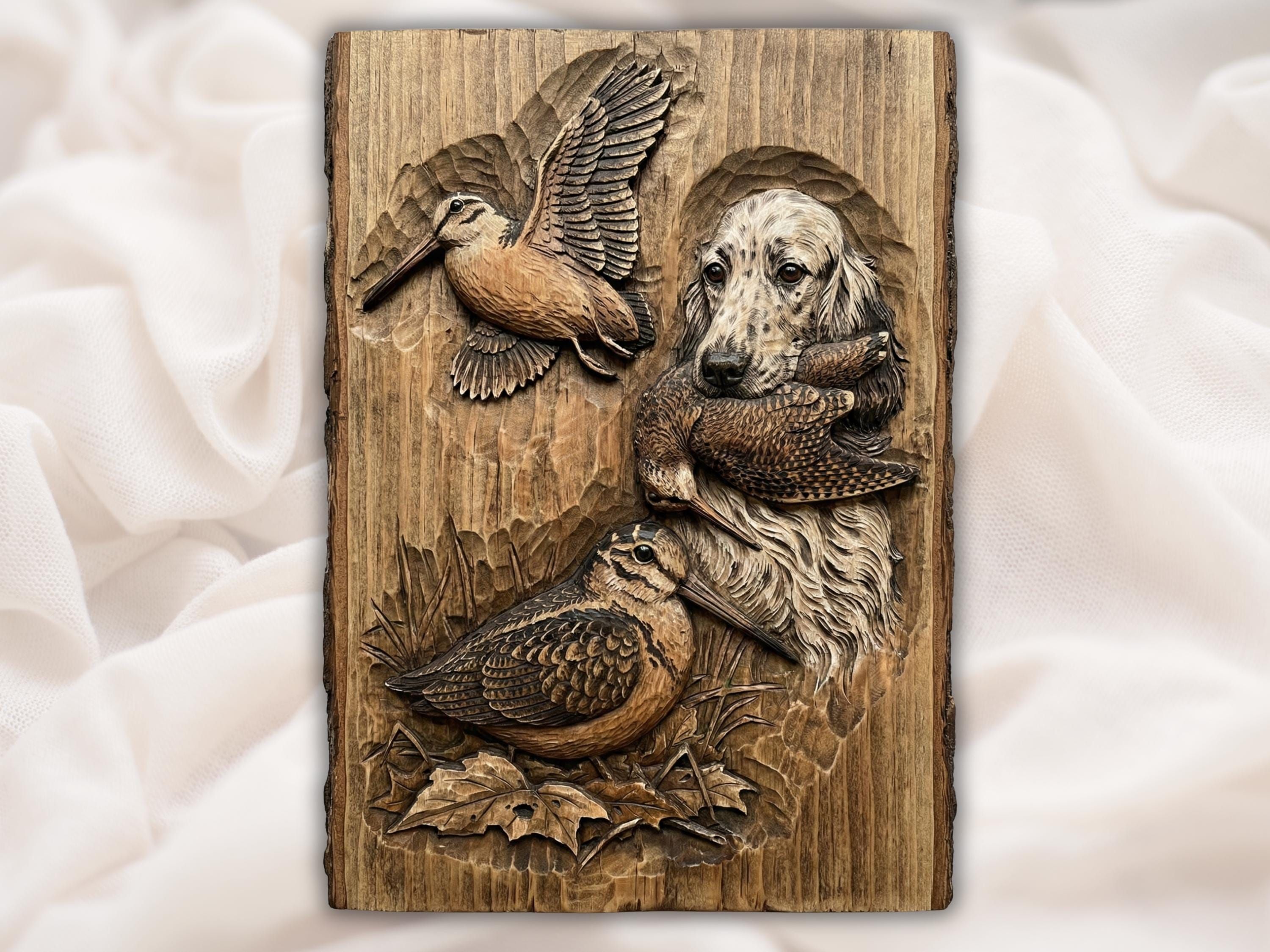 Bas-relief wood carving of an English setter dog with a woodcock in flight and a woodcock in grass.