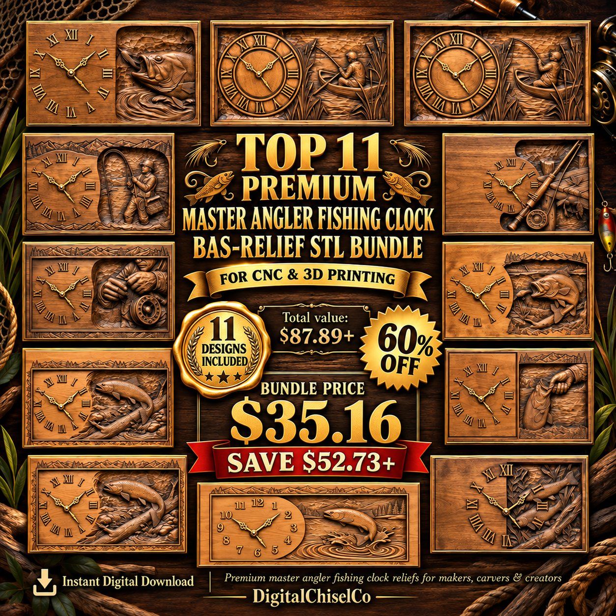 Fishing Clock Mega Bundle 11 CNC Relief STL bas-relief STL design