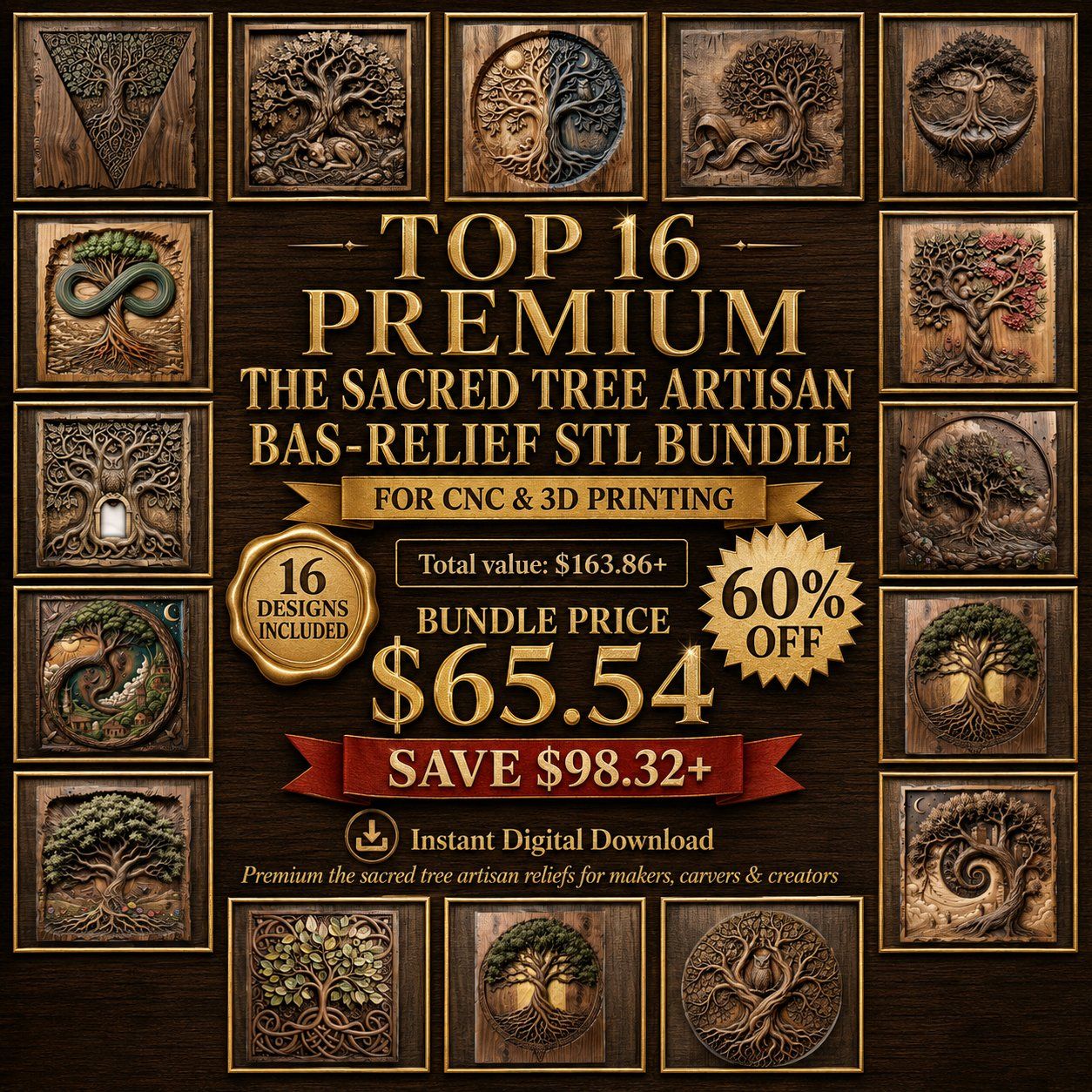16 Tree of Life Mega Bundle CNC Relief STL | CNC Woodcarving Stl Relief Designs | Yggdrasil Celtic Wall Art | Forest Wildlife Nature Panel — carved bas relief STL file for CNC