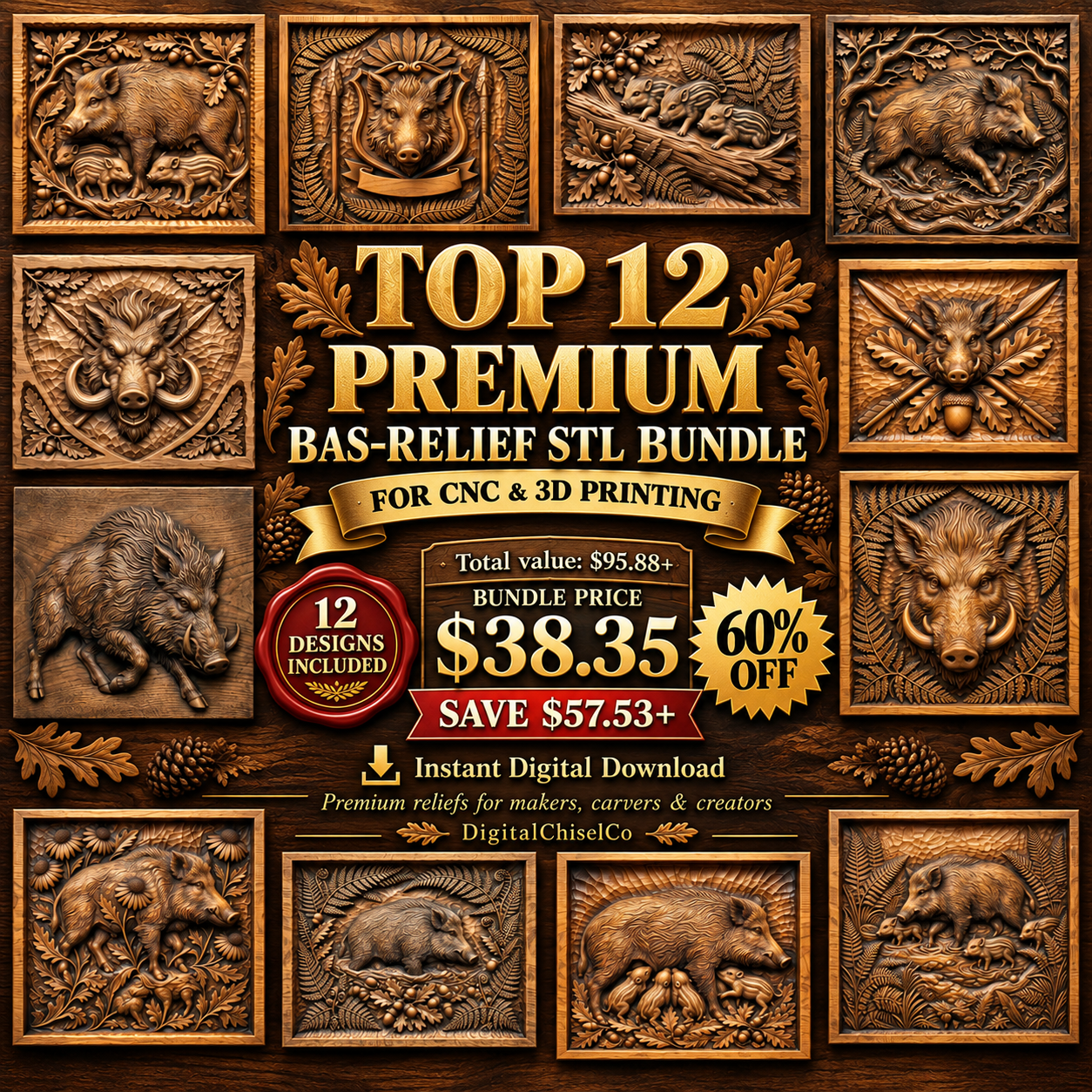 12 Wild Boar Forest Wildlife Mega Pack CNC Relief STL bas-relief STL design