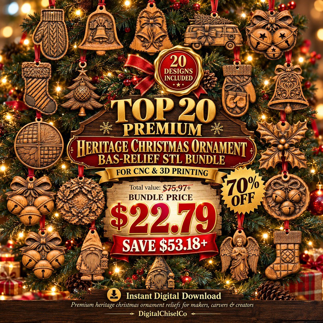 20 Christmas Ornament Mega Bundle CNC Relief STL bas-relief STL design