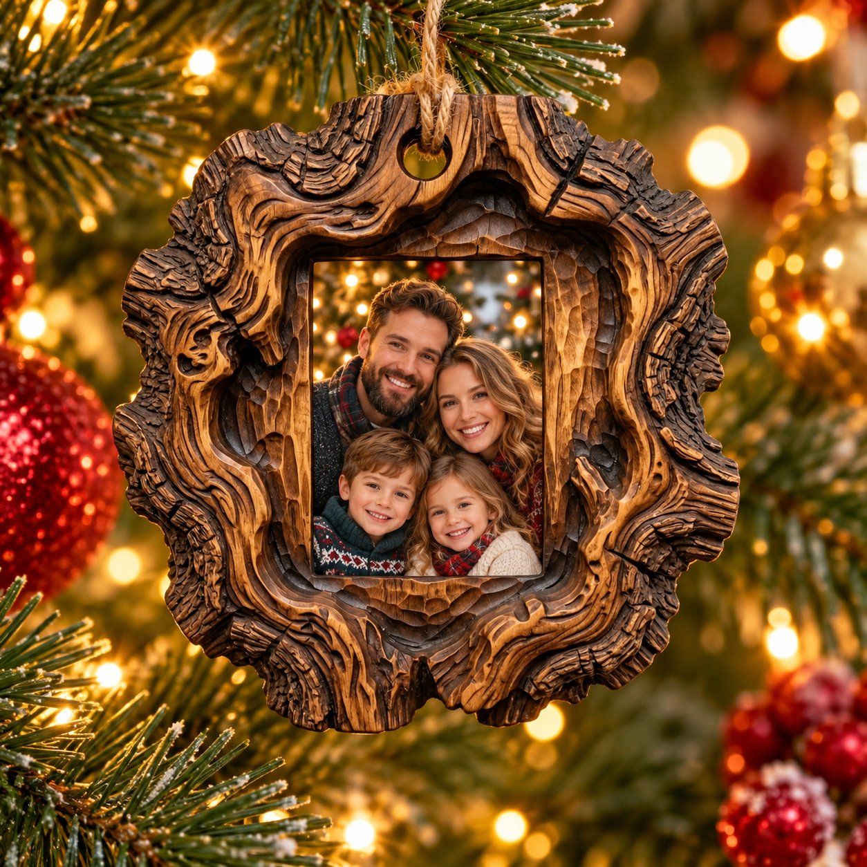 Rustic Gnarled Wood Photo Frame Ornament CNC Relief STL | Tree Slice Cabin Decor | Nature Wood Grain Carving Pattern — carved bas relief STL file for CNC