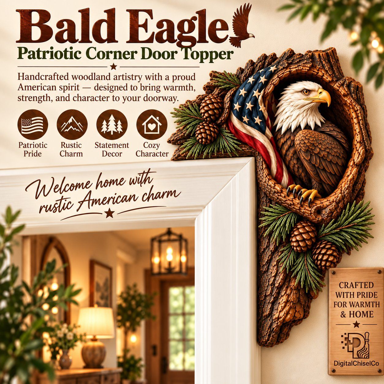 Bald Eagle Door Frame Corner Decor CNC Relief STL bas-relief STL design