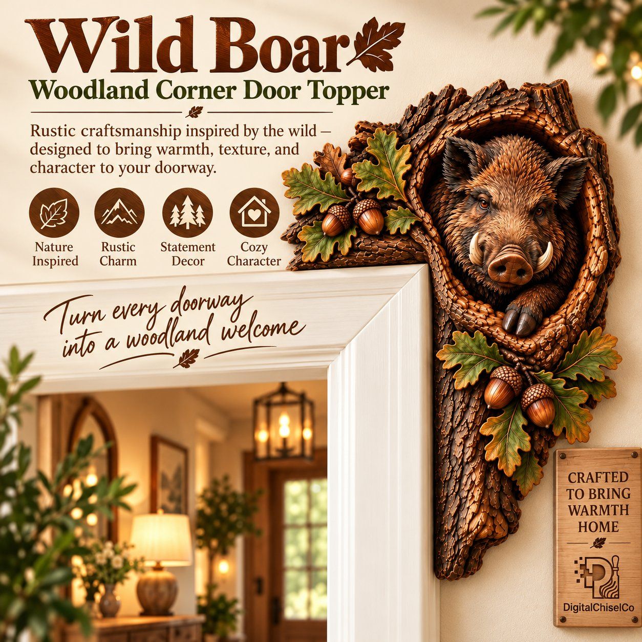 Wild Boar Door Frame Corner Decor CNC Relief STL bas-relief STL design