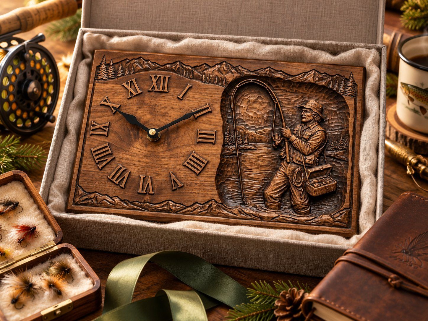 Fisherman Angler Lakeside Wall Clock CNC Relief STL bas-relief STL design