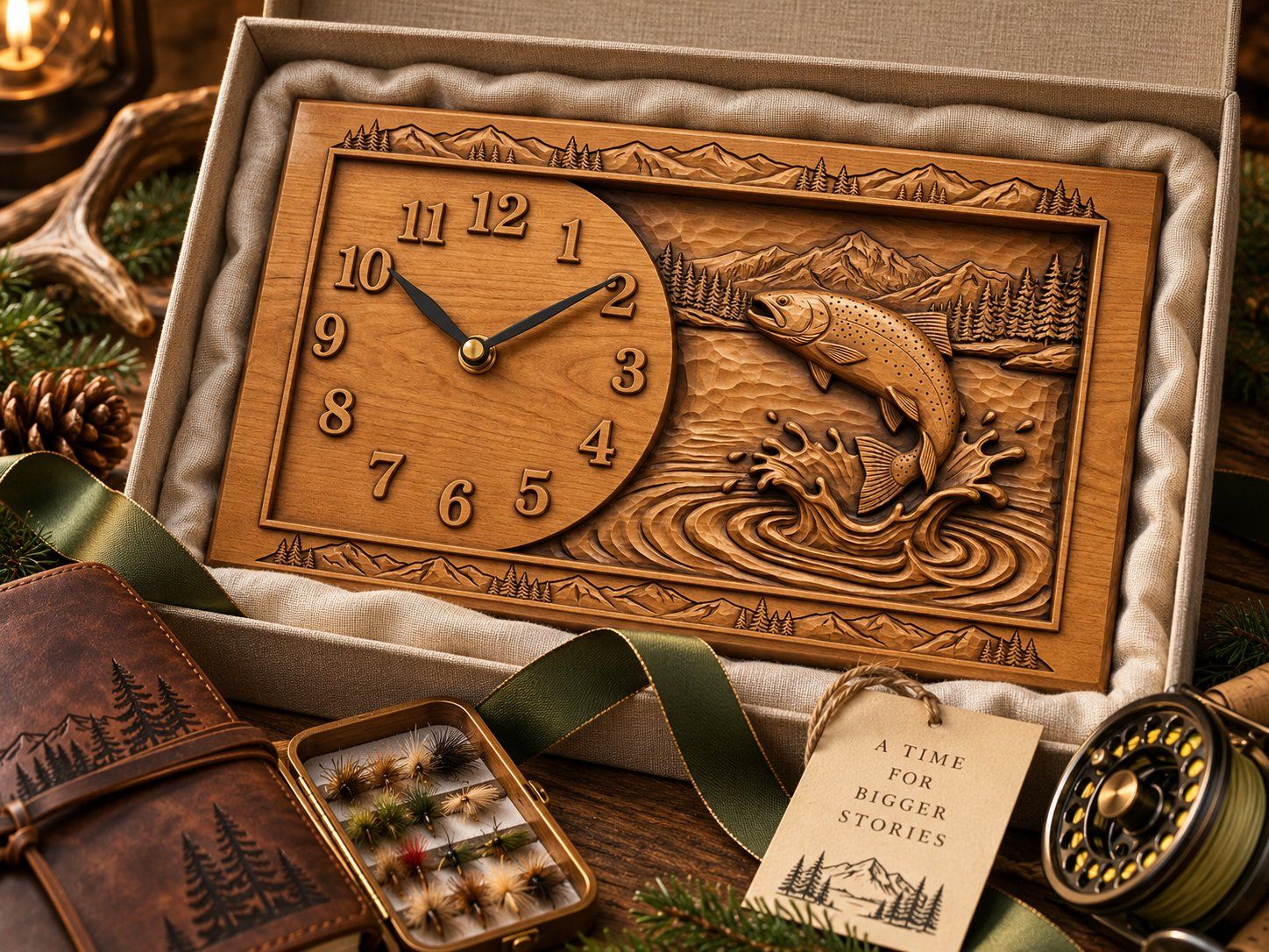Leaping Trout Lake Scene Wall Clock CNC Relief STL bas-relief STL design