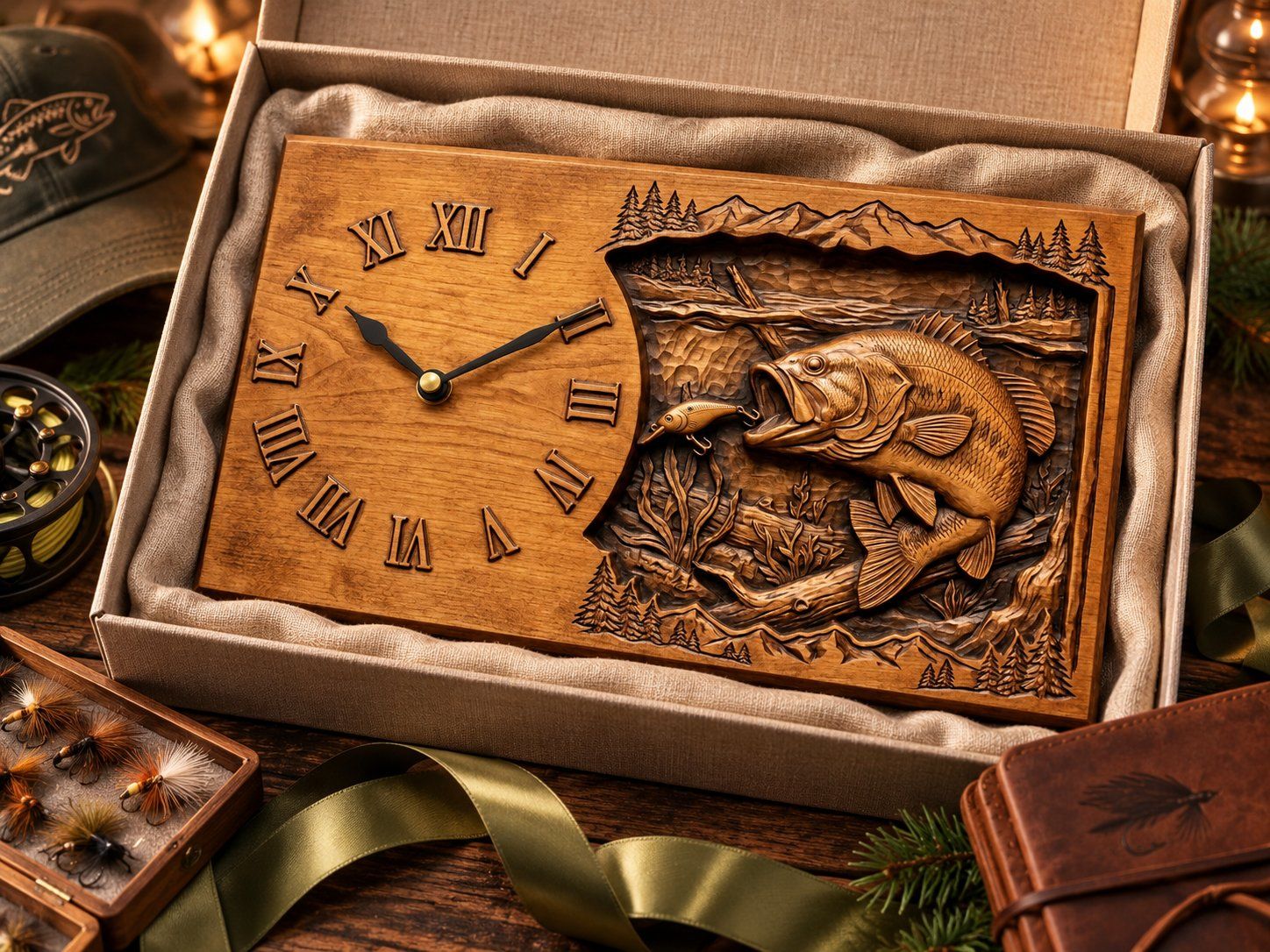 Leaping Trout Fishing Scene Wall Clock CNC Relief STL bas-relief STL design