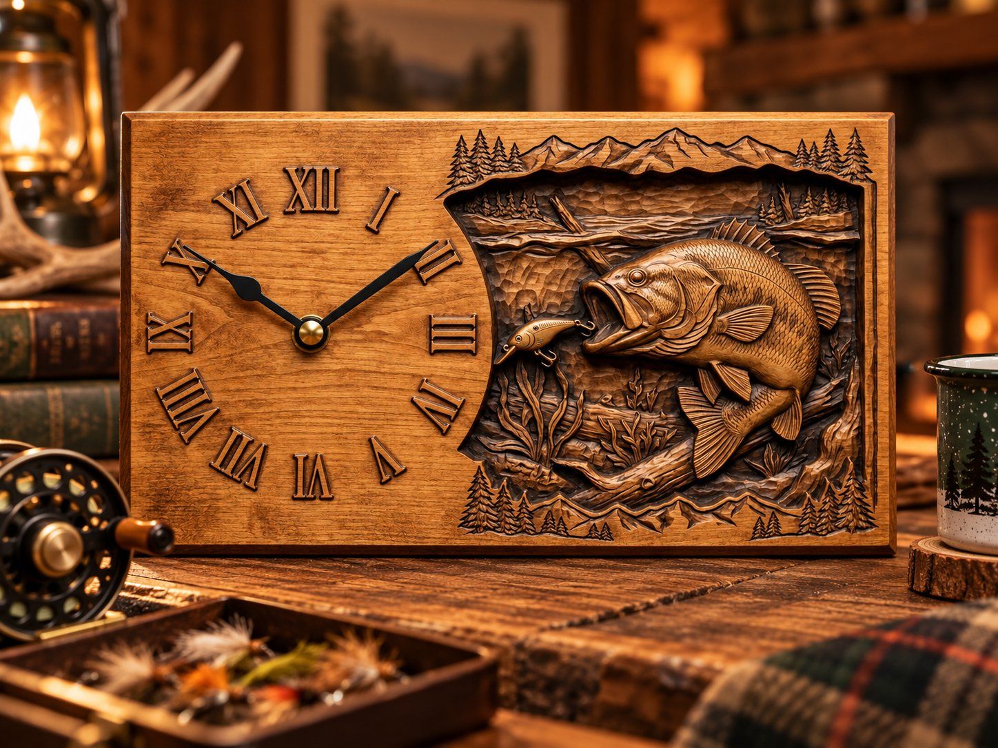 Leaping Trout Fishing Scene Wall Clock CNC Relief STL bas-relief STL — view 7