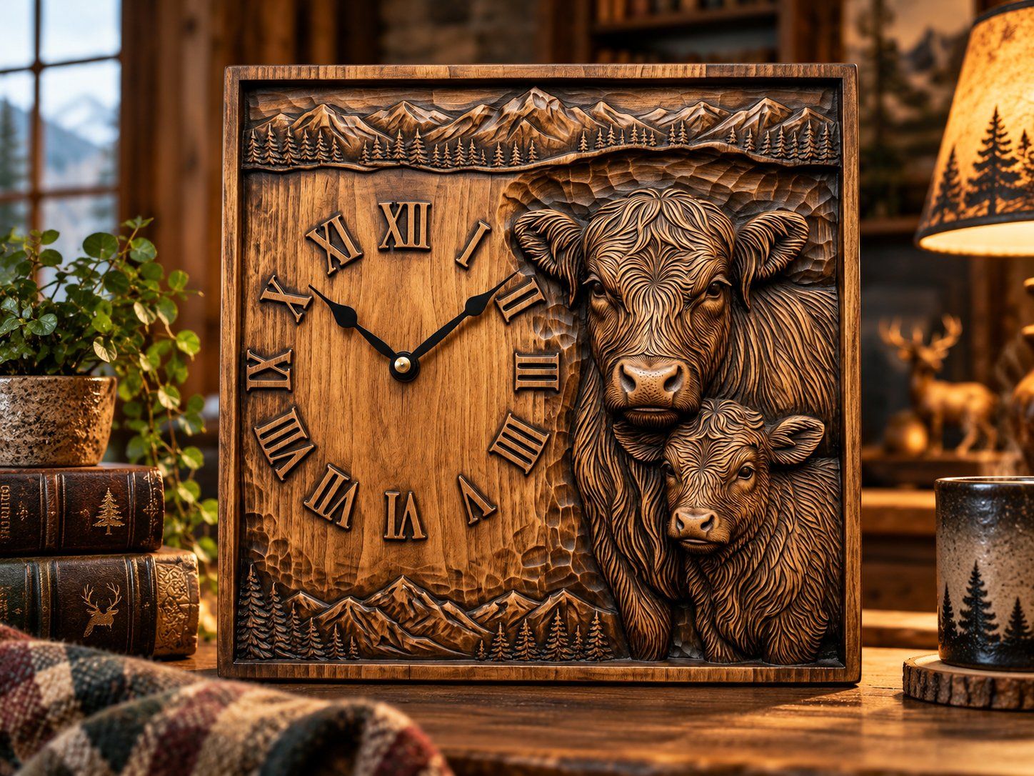 Highland  Cow and Calf Clock CNC Relief STL bas-relief STL design