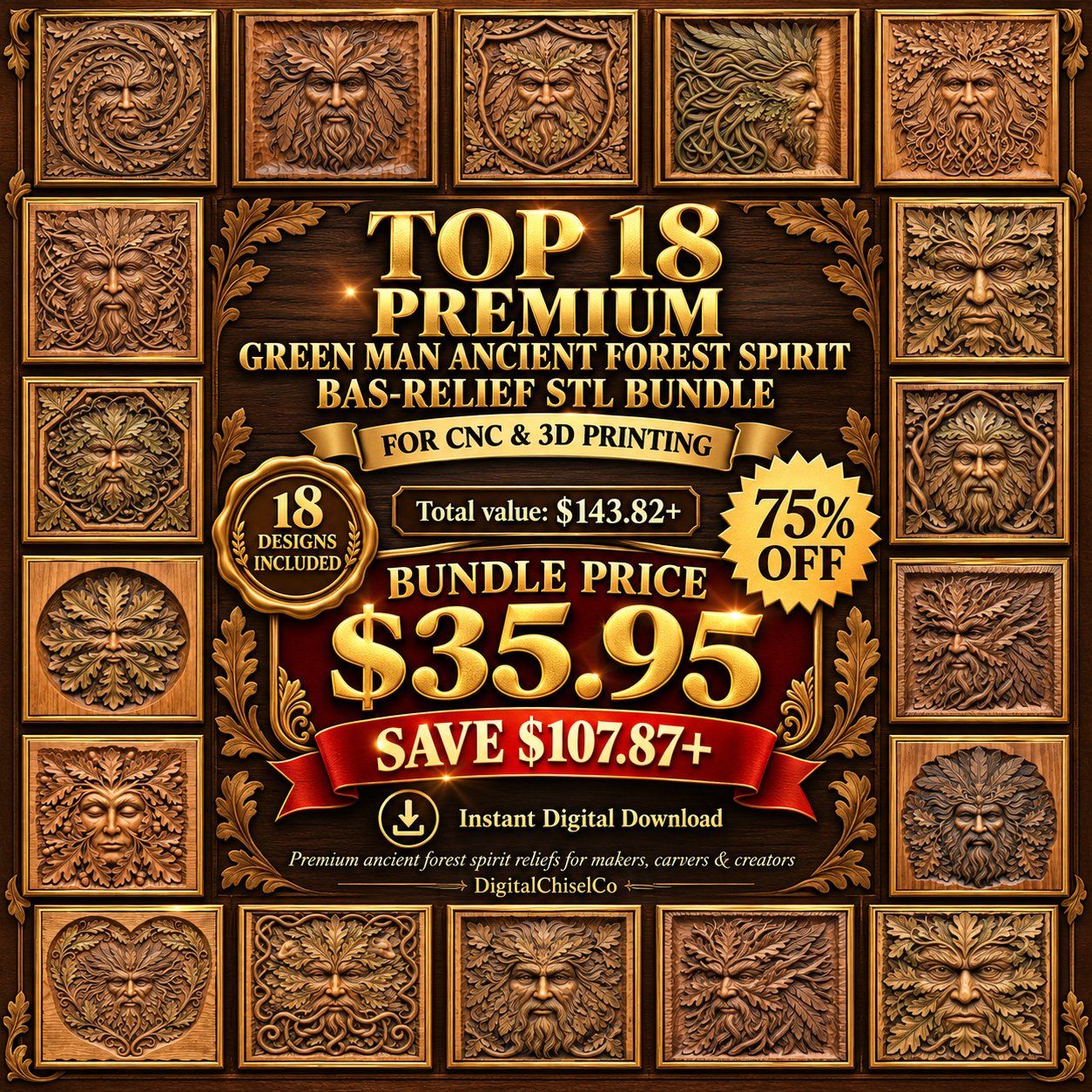 18 Green Man Forest Spirit CNC Relief STL bas-relief STL design
