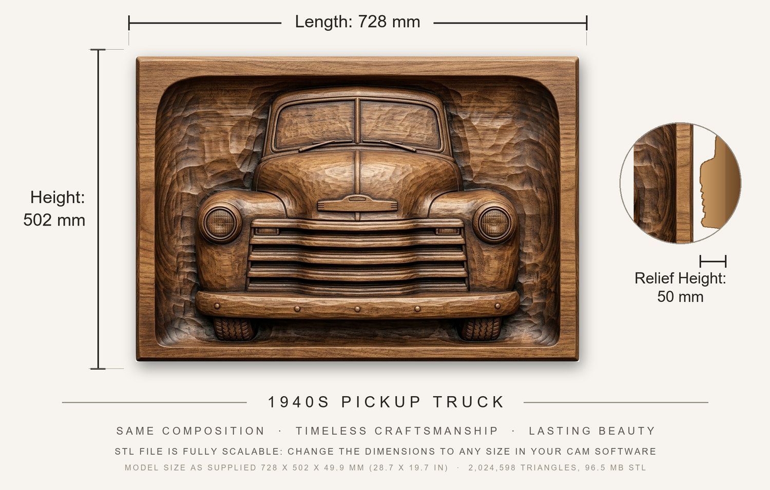 1940s Pickup Truck CNC Relief STL bas-relief STL — view 3