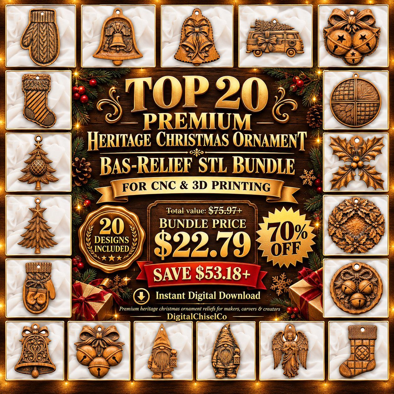 20 Christmas Ornament Mega Bundle CNC Relief STL bas-relief STL — view 2