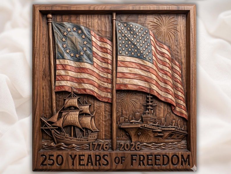 Carved wood relief of 1776 Betsy Ross flag with tall ship and 2026 US flag with aircraft carrier, 250 Years of Freedom banner.
