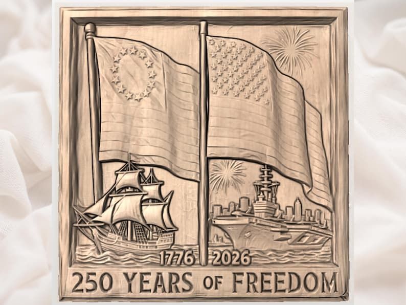 250 Years of Freedom STL: 1776 Tall Ship to 2026 Carrier Flags bas-relief STL — view 3