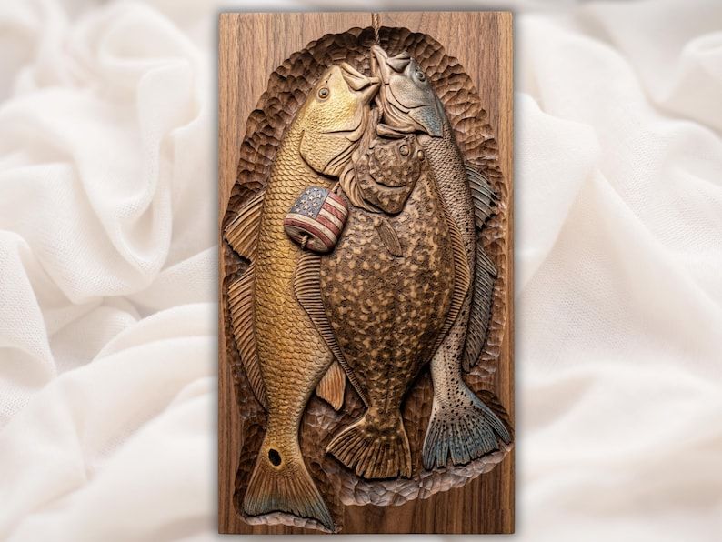 Bas-relief wood carving of three fish on a stringer with a small American flag, redfish flounder and bass
