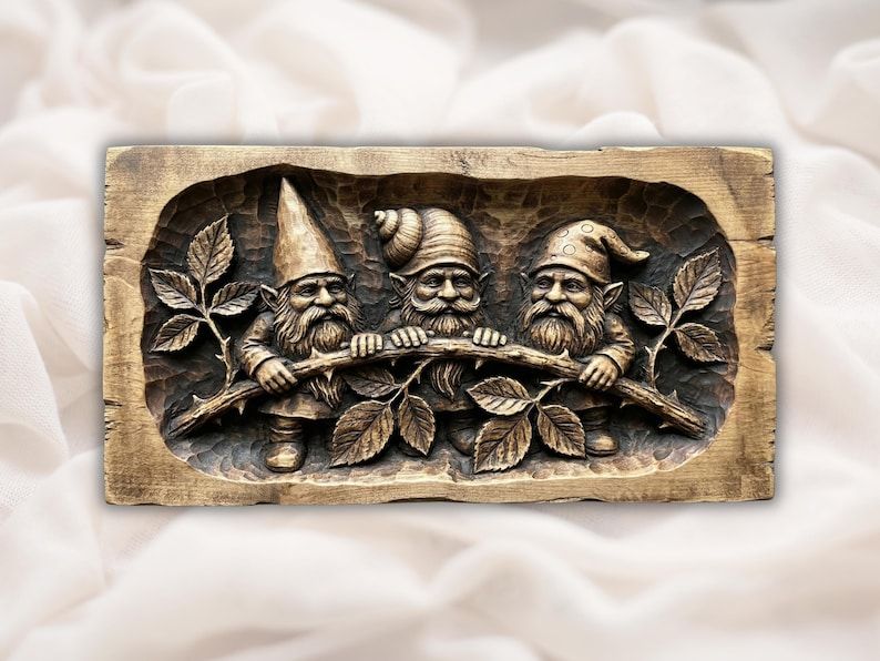 Bas-relief wood carving of three bearded gnomes peeking over a leafy twig inside a recessed panel.