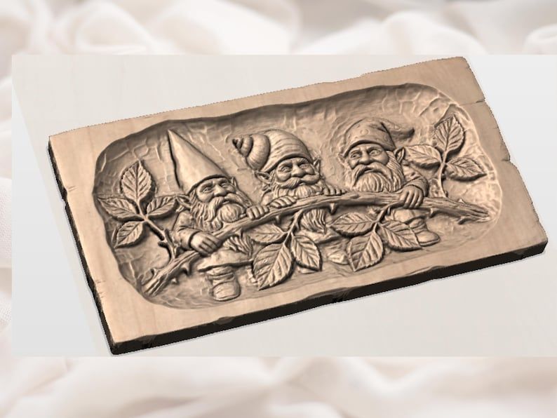 Three Bearded Gnomes Peeking Over a Twig Carved Panel STL bas-relief STL — view 2