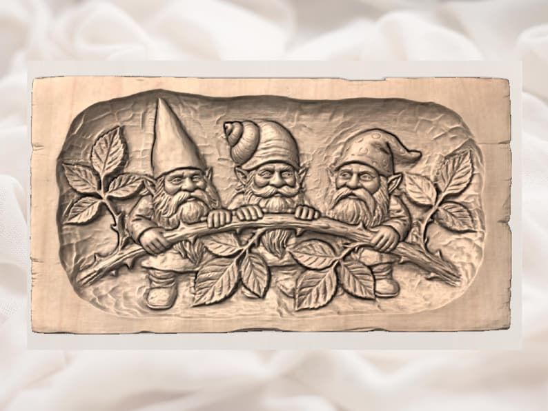 Three Bearded Gnomes Peeking Over a Twig Carved Panel STL bas-relief STL — view 3