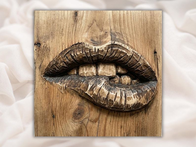 Bas-relief wood carving of full parted lips with teeth showing, deep chiseled texture on an oak panel.