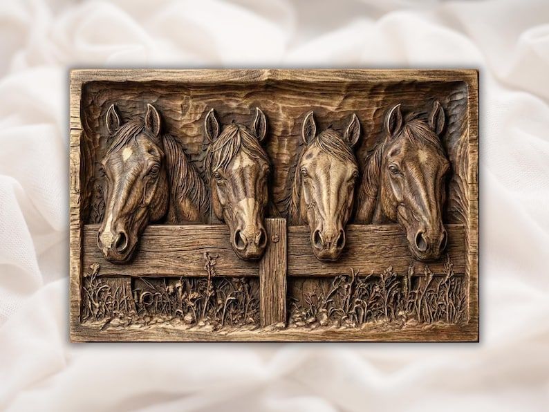 Bas-relief wood carving of four horses leaning over a weathered fence with dry grass below