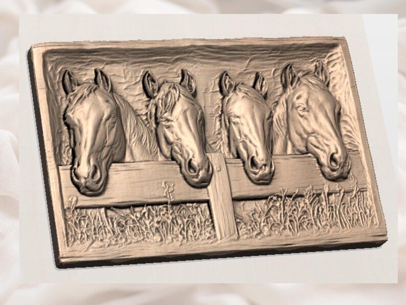 Four Ranch Horses Over a Weathered Fence Relief STL bas-relief STL — view 2