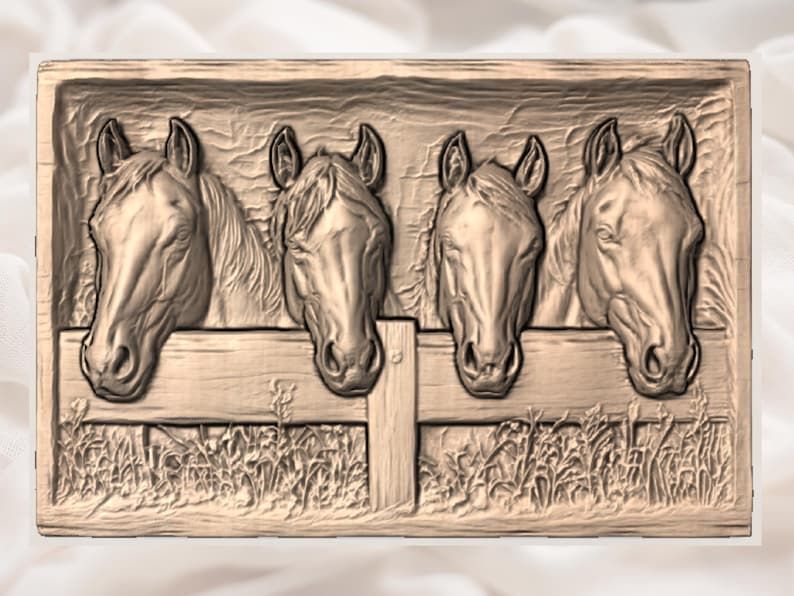 Four Ranch Horses Over a Weathered Fence Relief STL bas-relief STL — view 3
