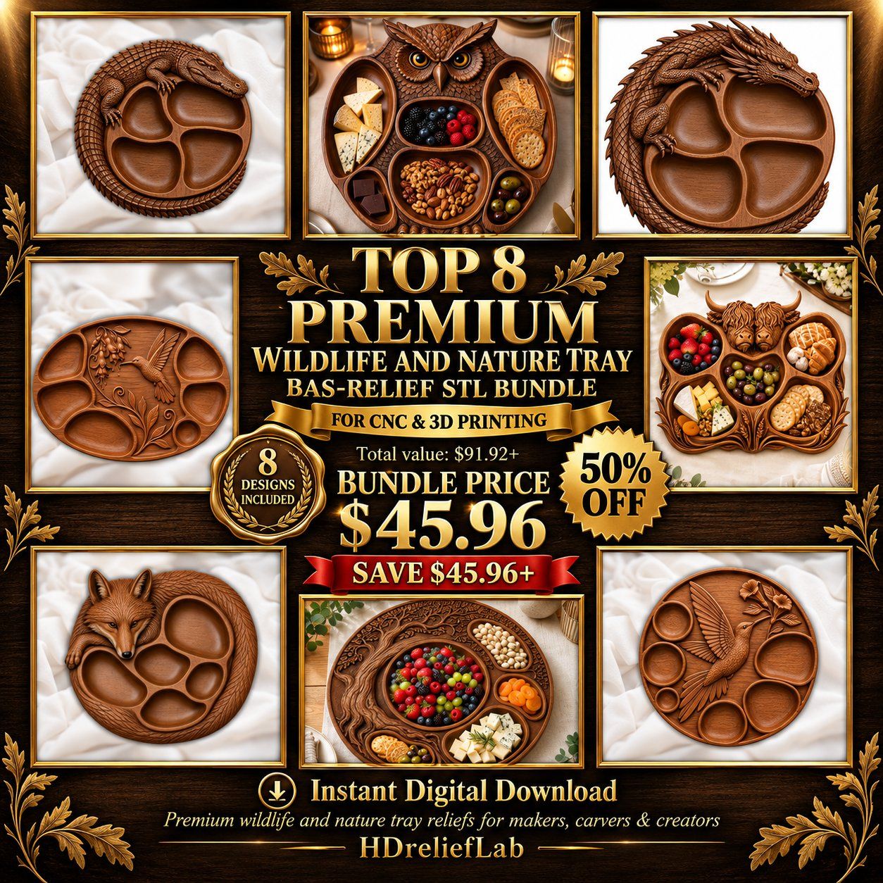 8 Nature & Wildlife Tray CNC Relief STL | Mega CNC Woodcarving Stl Relief Bundle | Dragon Owl Hummingbird Cow Fox Forest DesignsServing Tray — carved bas relief STL file for CNC