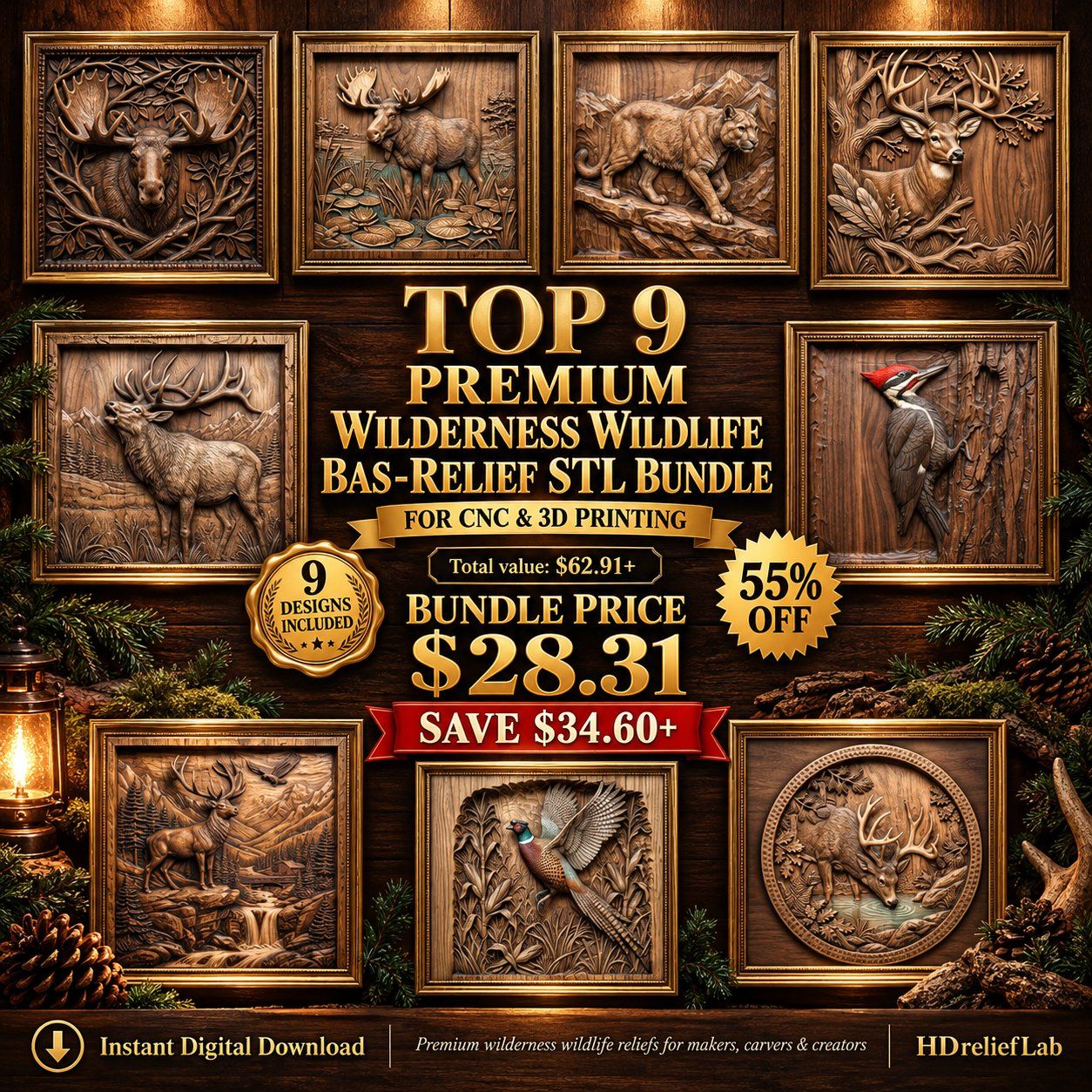 9 Wilderness Wildlife CNC Relief STL bas-relief STL design