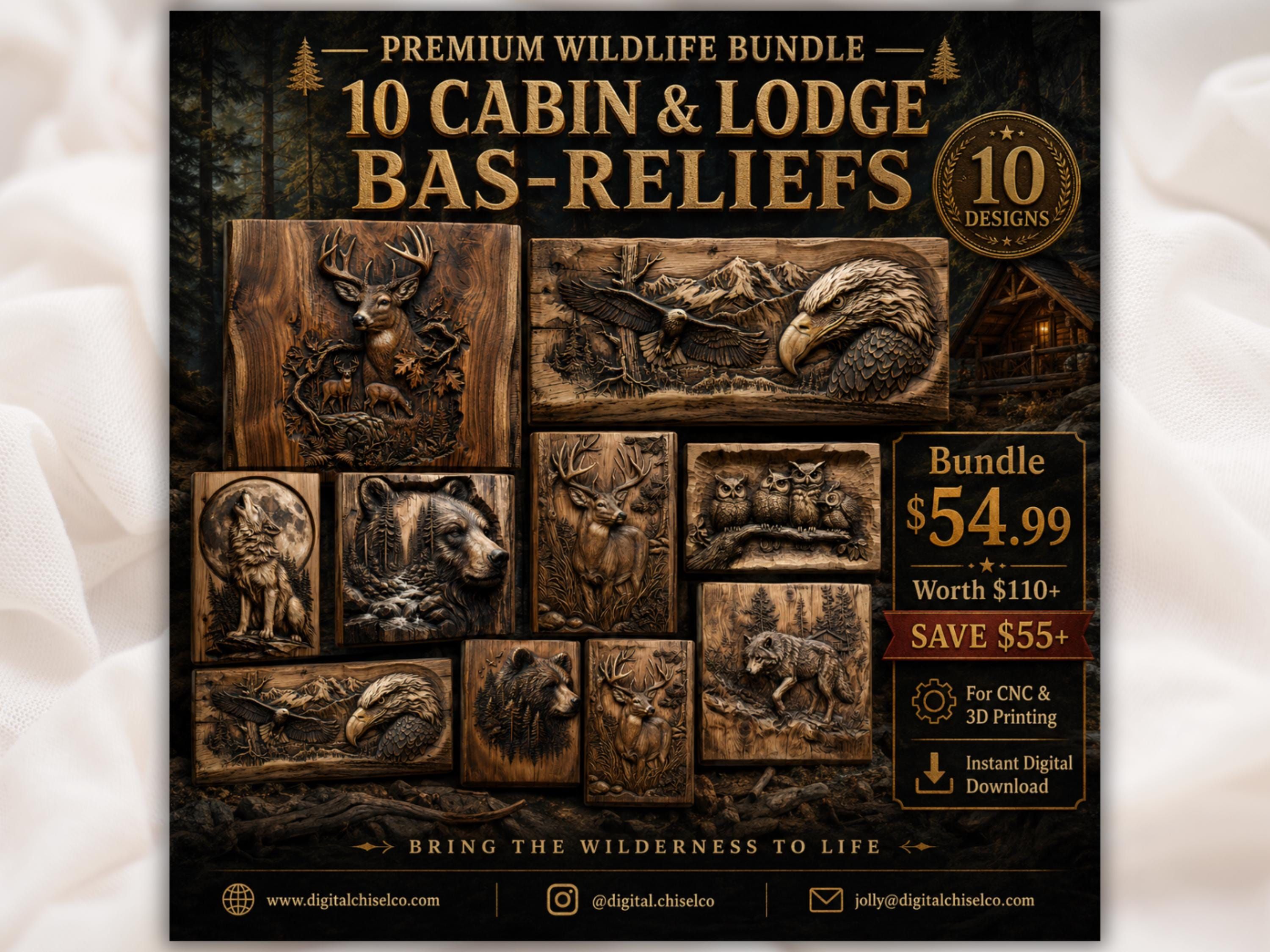 Ten carved wood bas-relief panels of eagle, deer, bear, wolf, moose, and owls for a cabin wall
