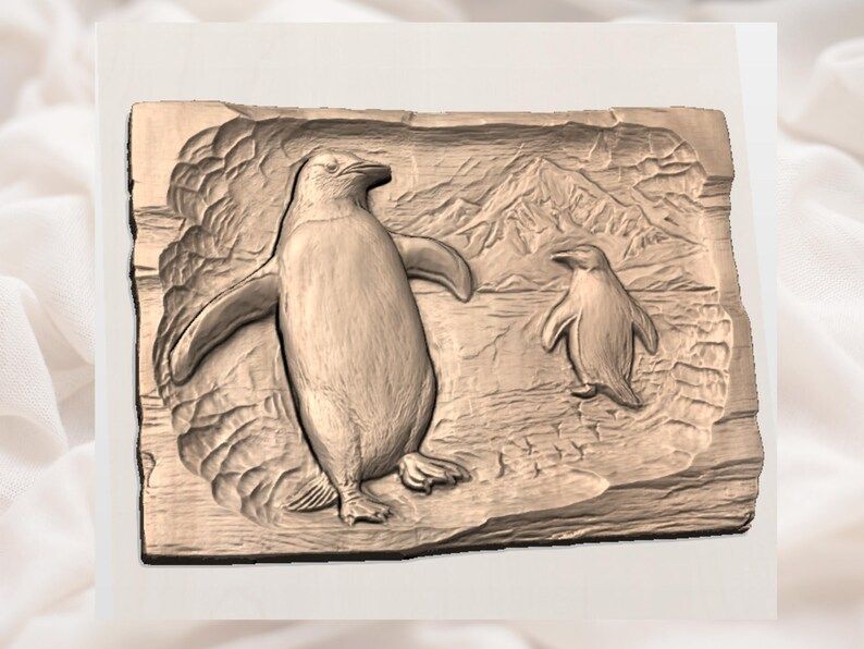 Two Gentoo Penguins and Snowy Peaks 3D Relief STL Scene bas-relief STL — view 2
