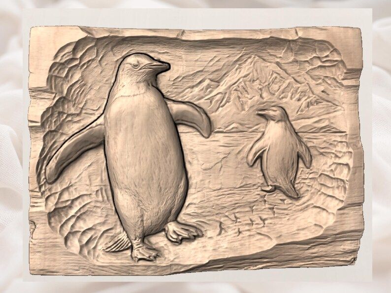 Two Gentoo Penguins and Snowy Peaks 3D Relief STL Scene bas-relief STL — view 3
