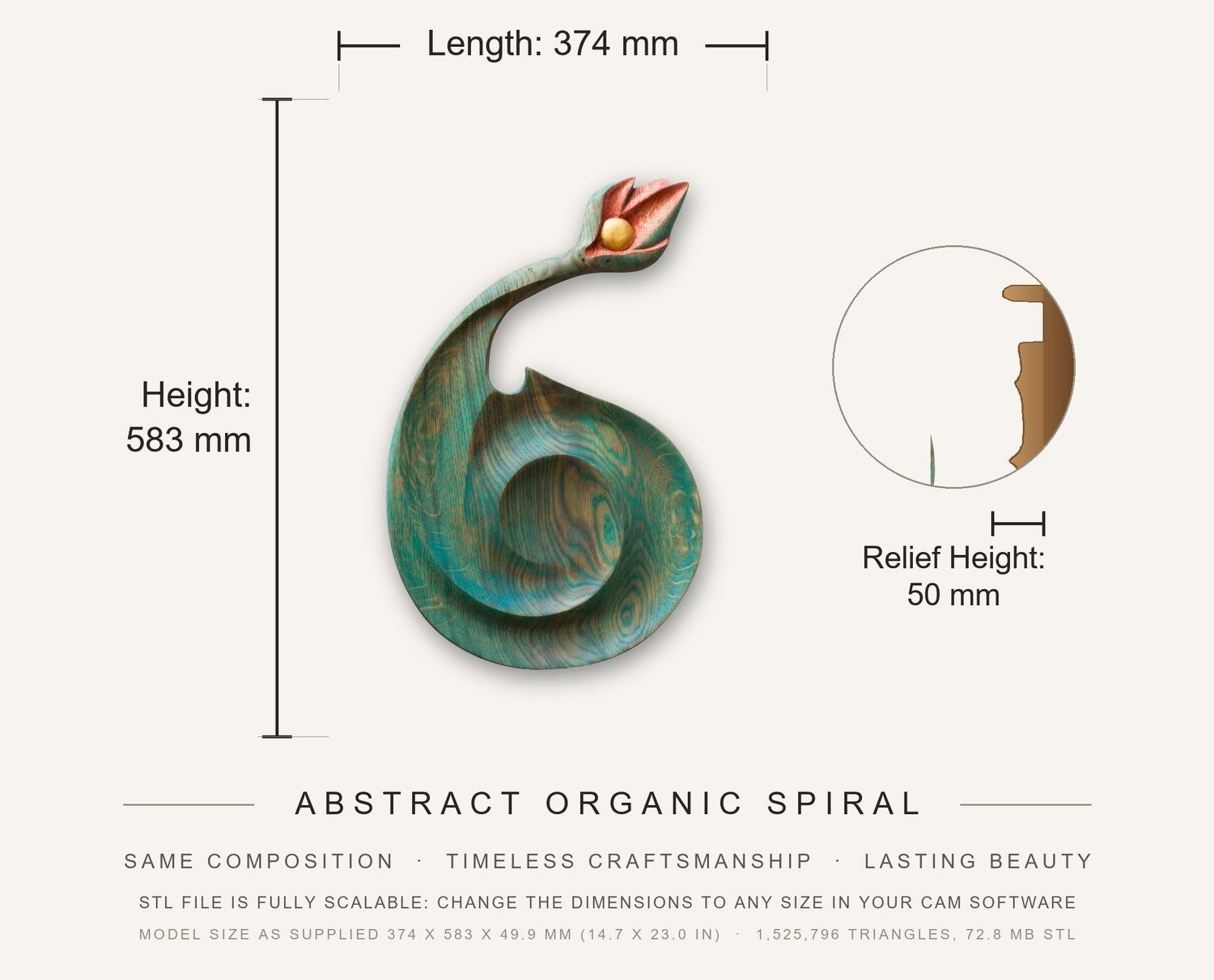 Abstract Organic Spiral CNC Relief STL bas-relief STL — view 3