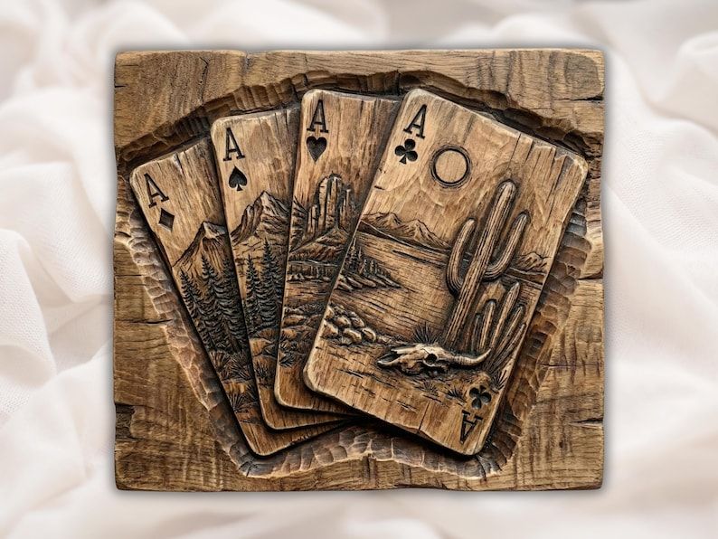 Bas-relief carving of four ace playing cards fanned over a desert scene with cactus, mountains, and a steer skull.