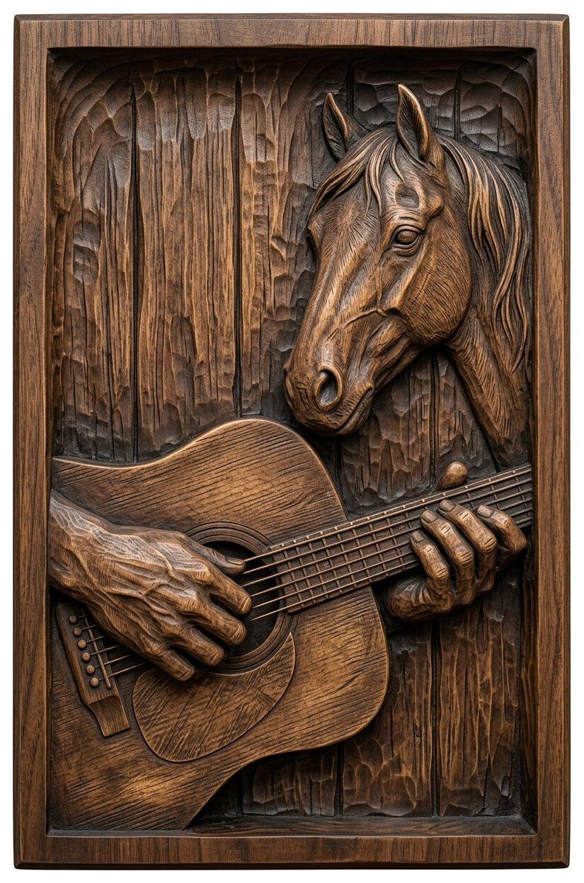 Acoustic Guitar and Horse Barn Wood CNC Relief STL bas-relief STL — view 12
